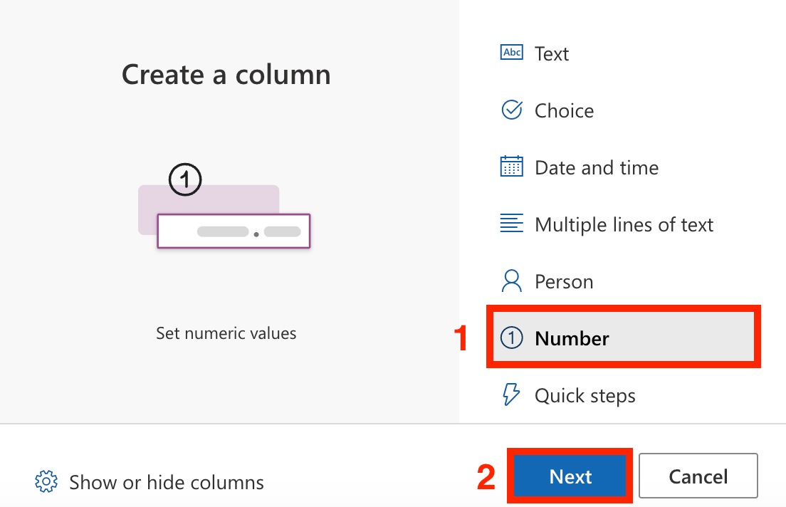 Choosing Number column from the create a column options list to track employee ranking
