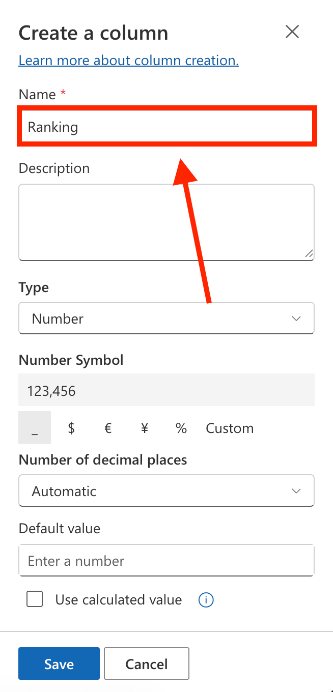 Naming the newly created SharePoint column as Ranking to set up worker performance tiers