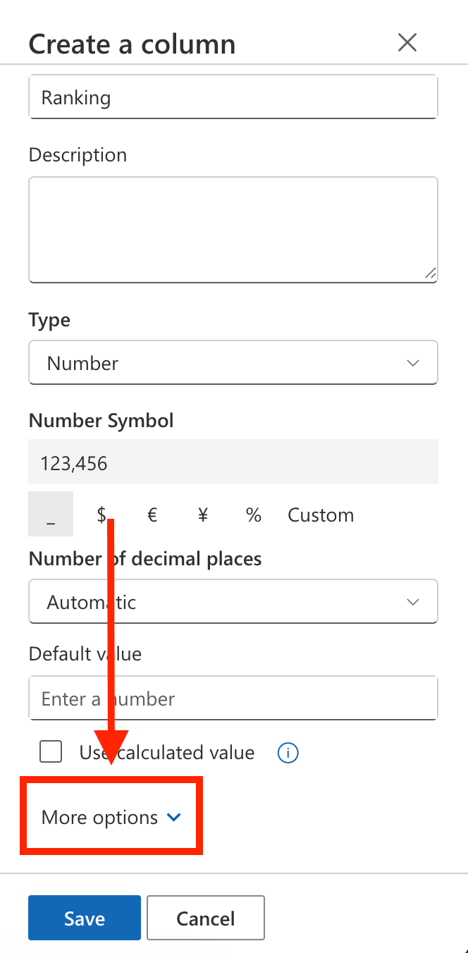 Expanding the More Options section in column settings to establish custom data validation rules