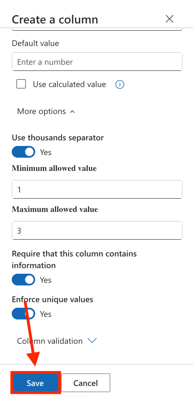 Clicking the Save button to apply minimum, maximum, and unique value rules to columns