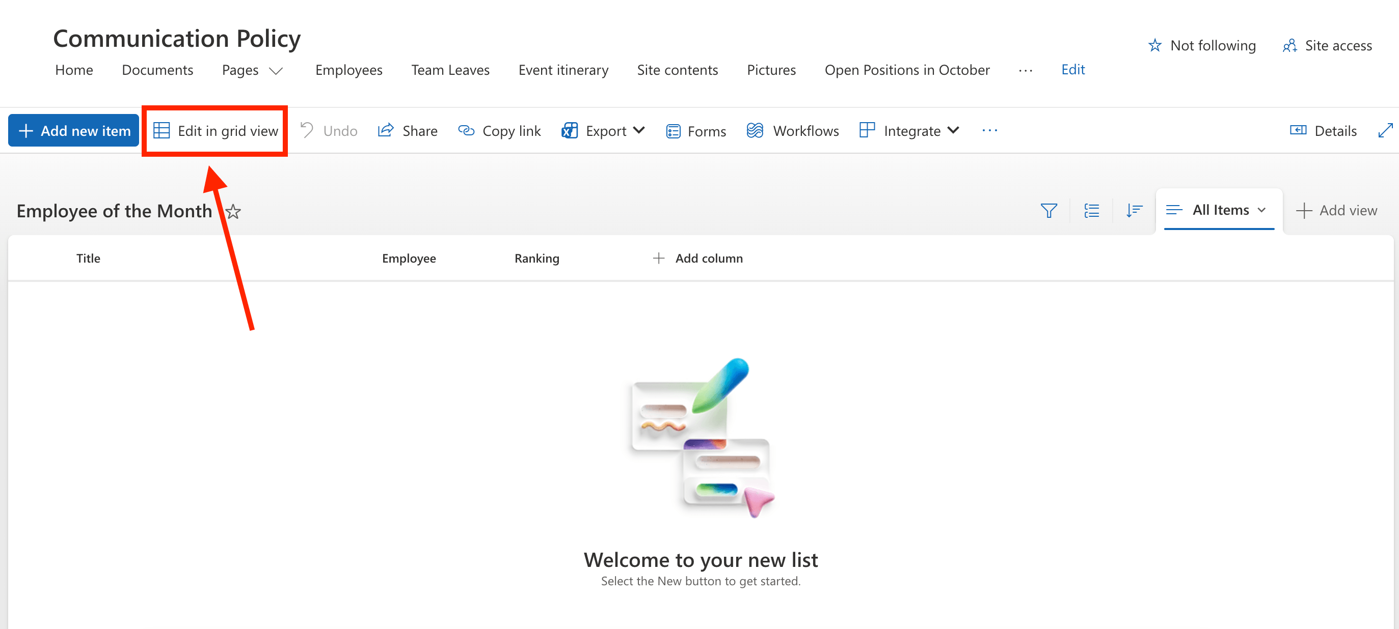 Selecting the Edit in grid view option to quickly populate the employee recognition list