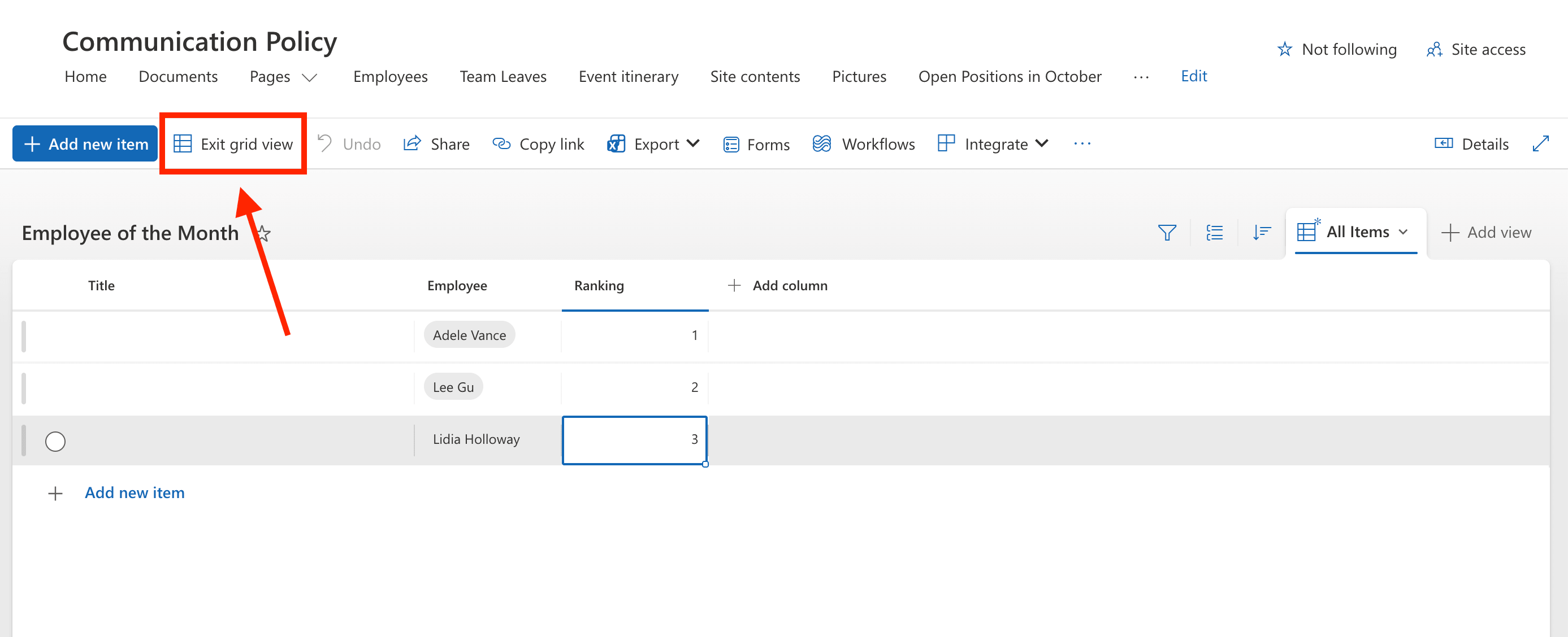 Filling out honoree data and clicking Exit grid view to update the SharePoint list