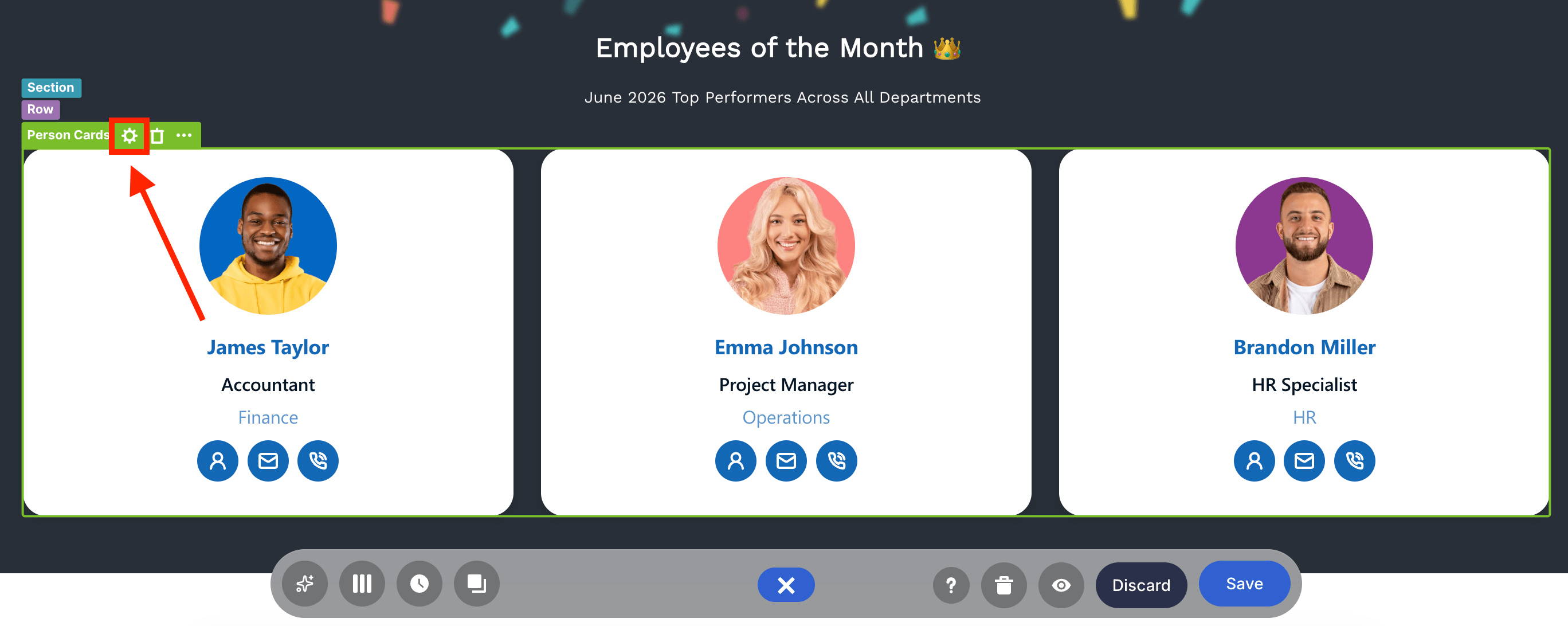 Selecting the element settings cogwheel icon to modify the Person Cards display properties