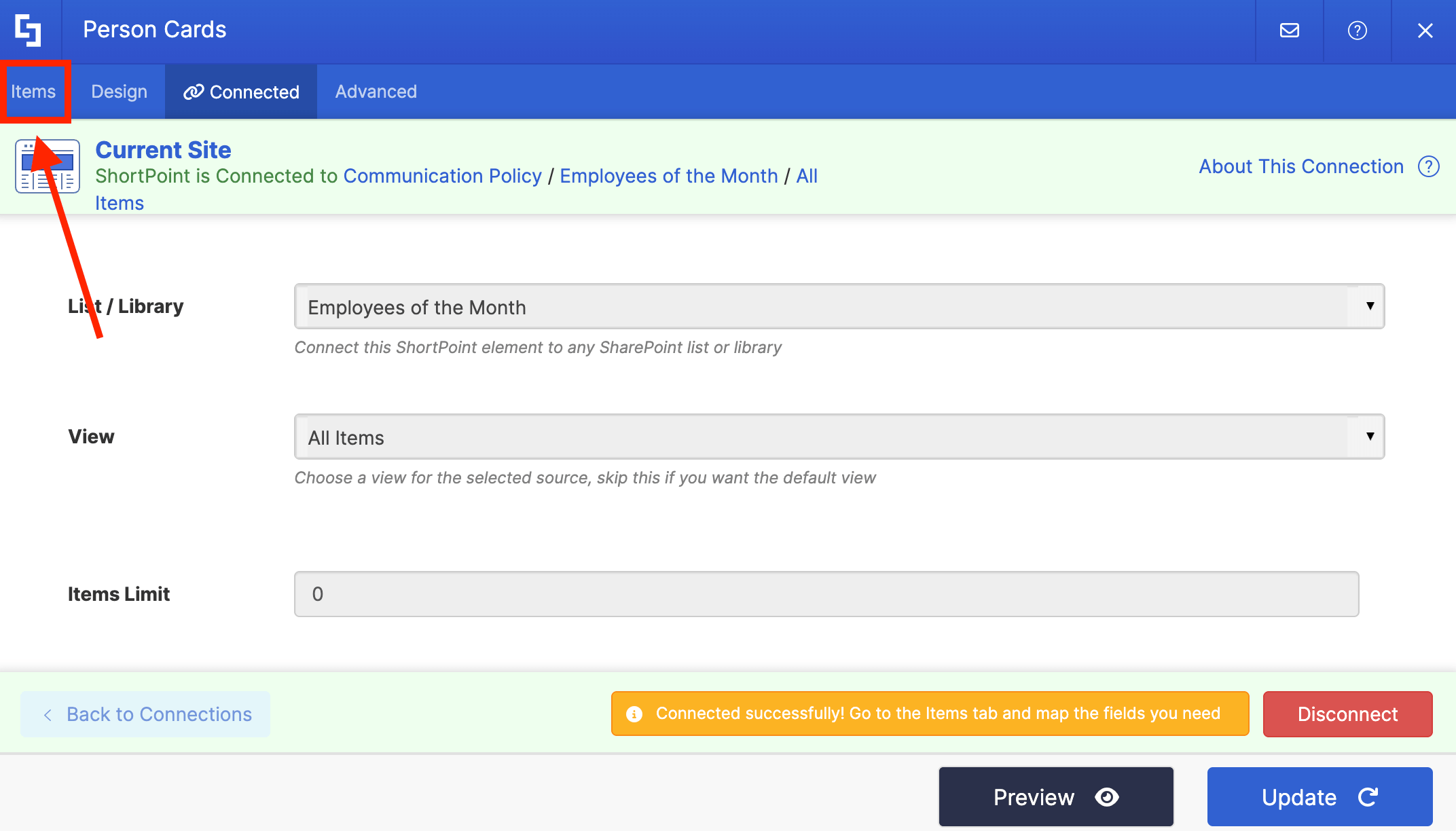 Switching to the Items configuration tab after successfully establishing the SharePoint list integration
