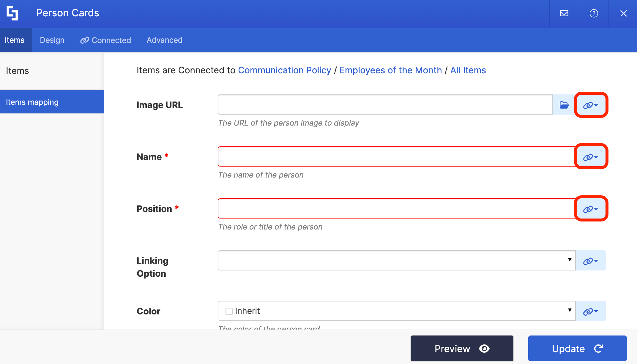 Using the link icons to map data fields for the employee profile layout