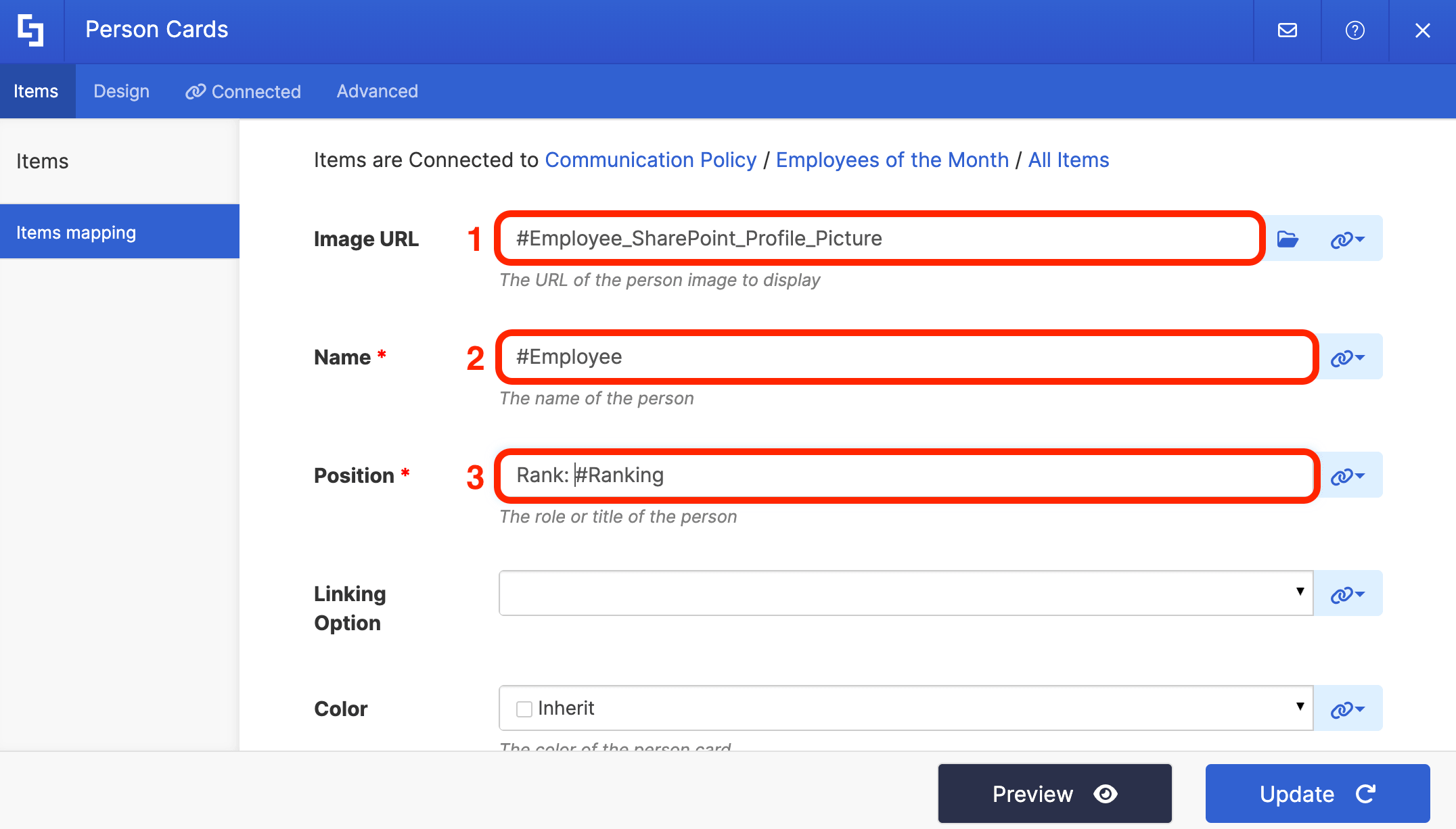 Mapping Image URL, Name, and Position to their corresponding columns from the SharePoint list