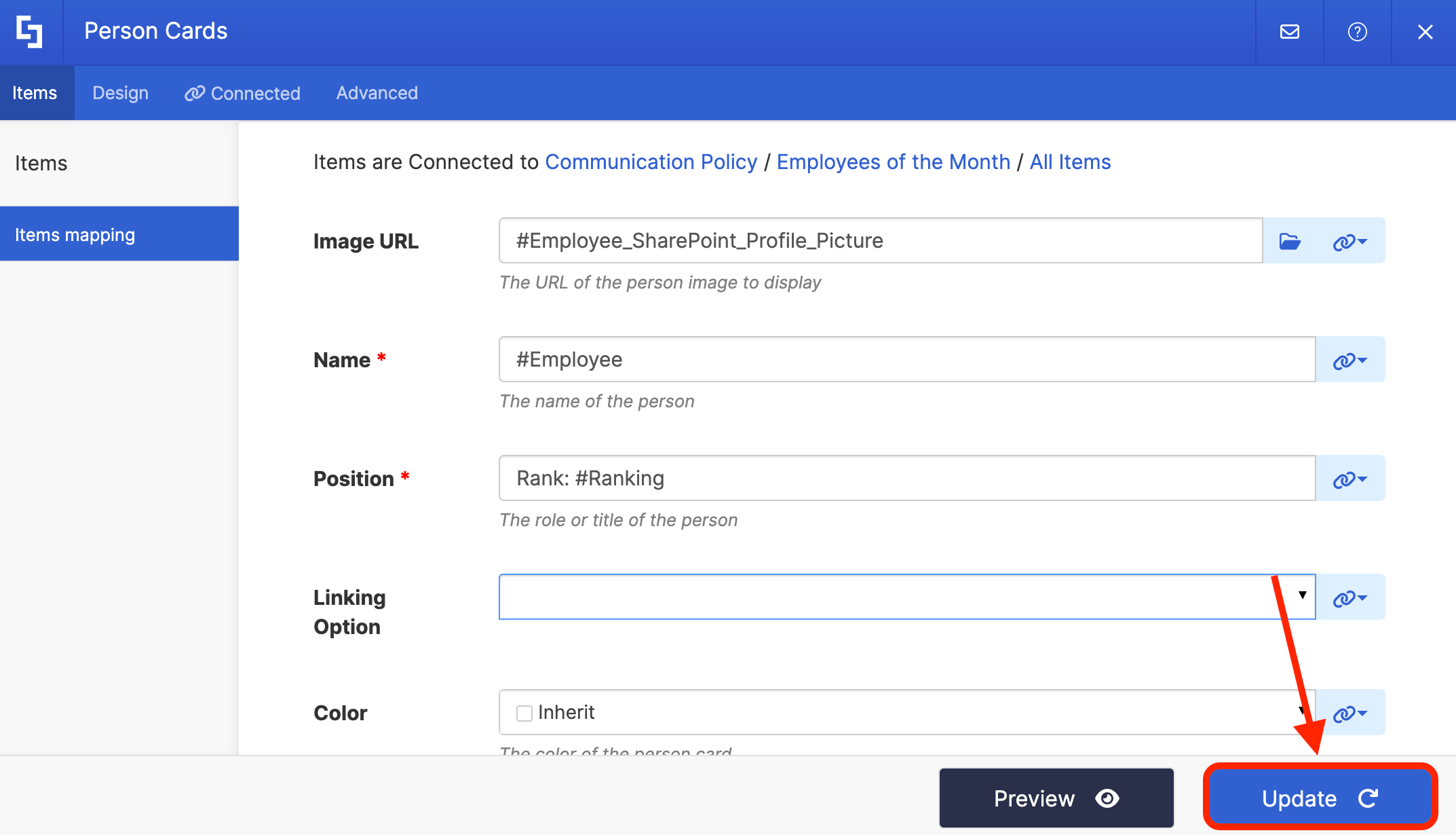 Clicking the blue Update button to lock in the employee dynamic property mapping values