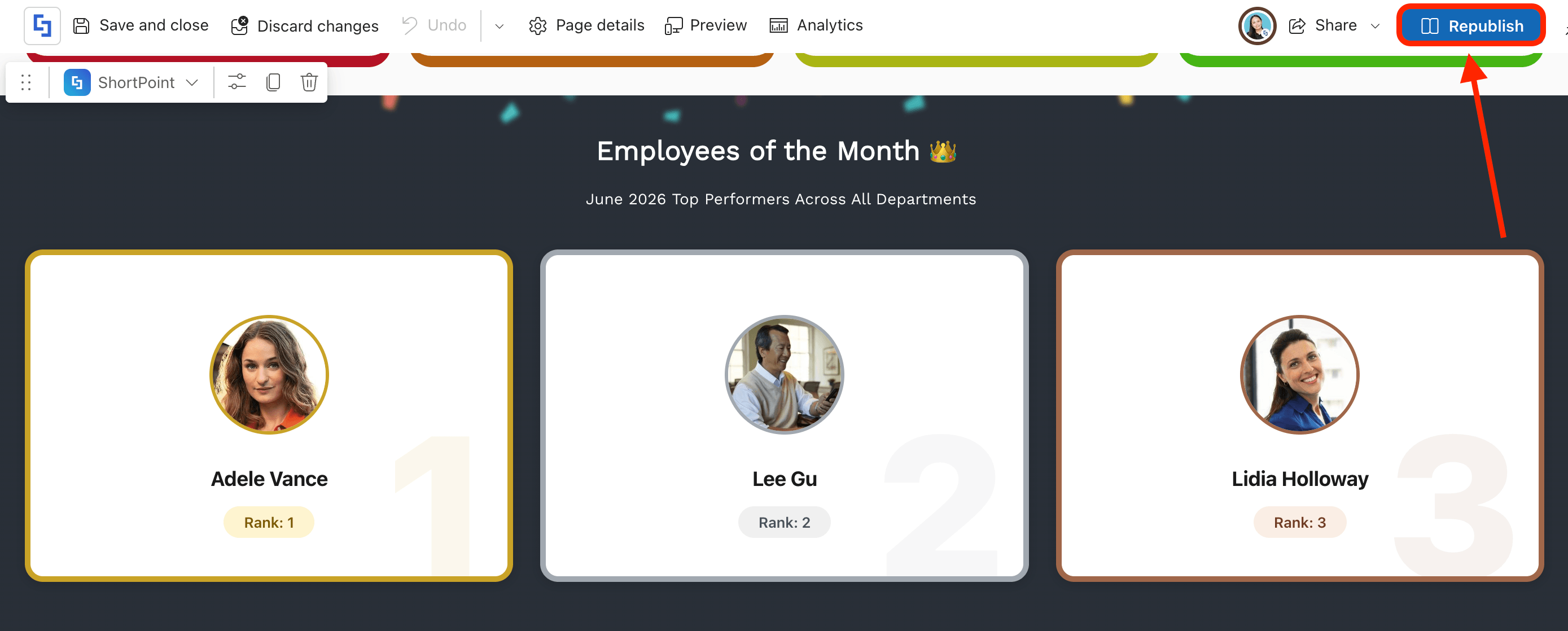 Clicking the Republish button to push the live dynamic employee section to the intranet