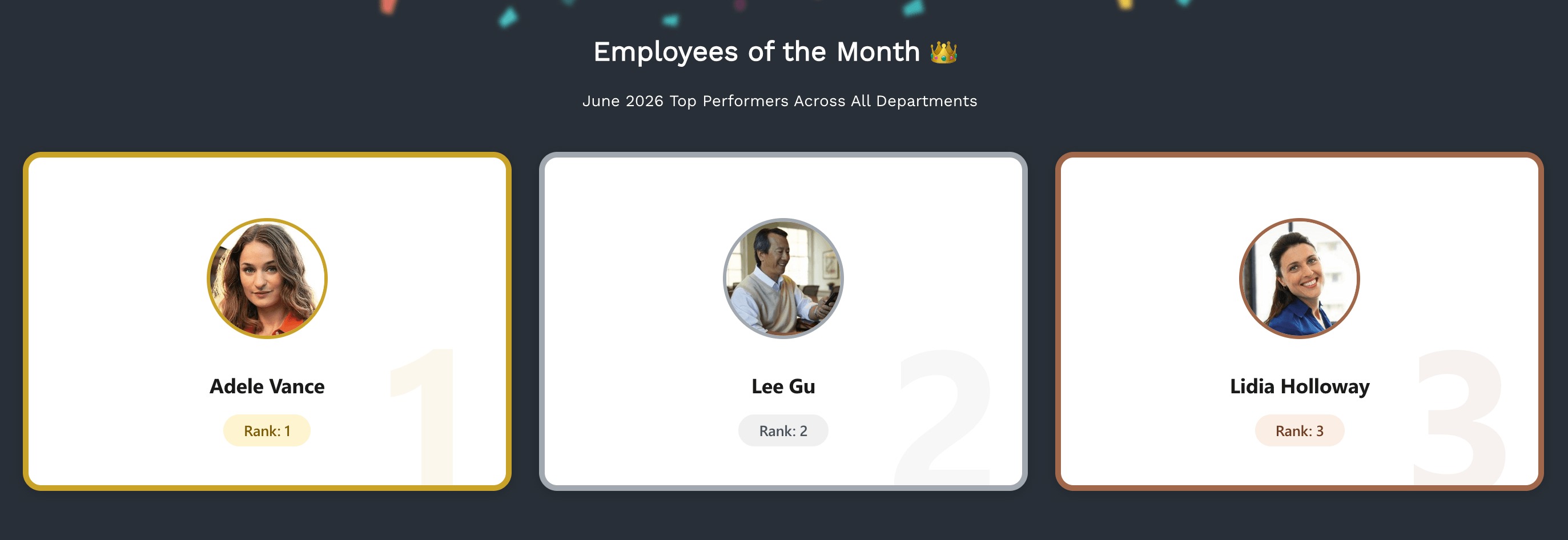 Finished example of an Employees of the Month section using Person Cards on a SharePoint page