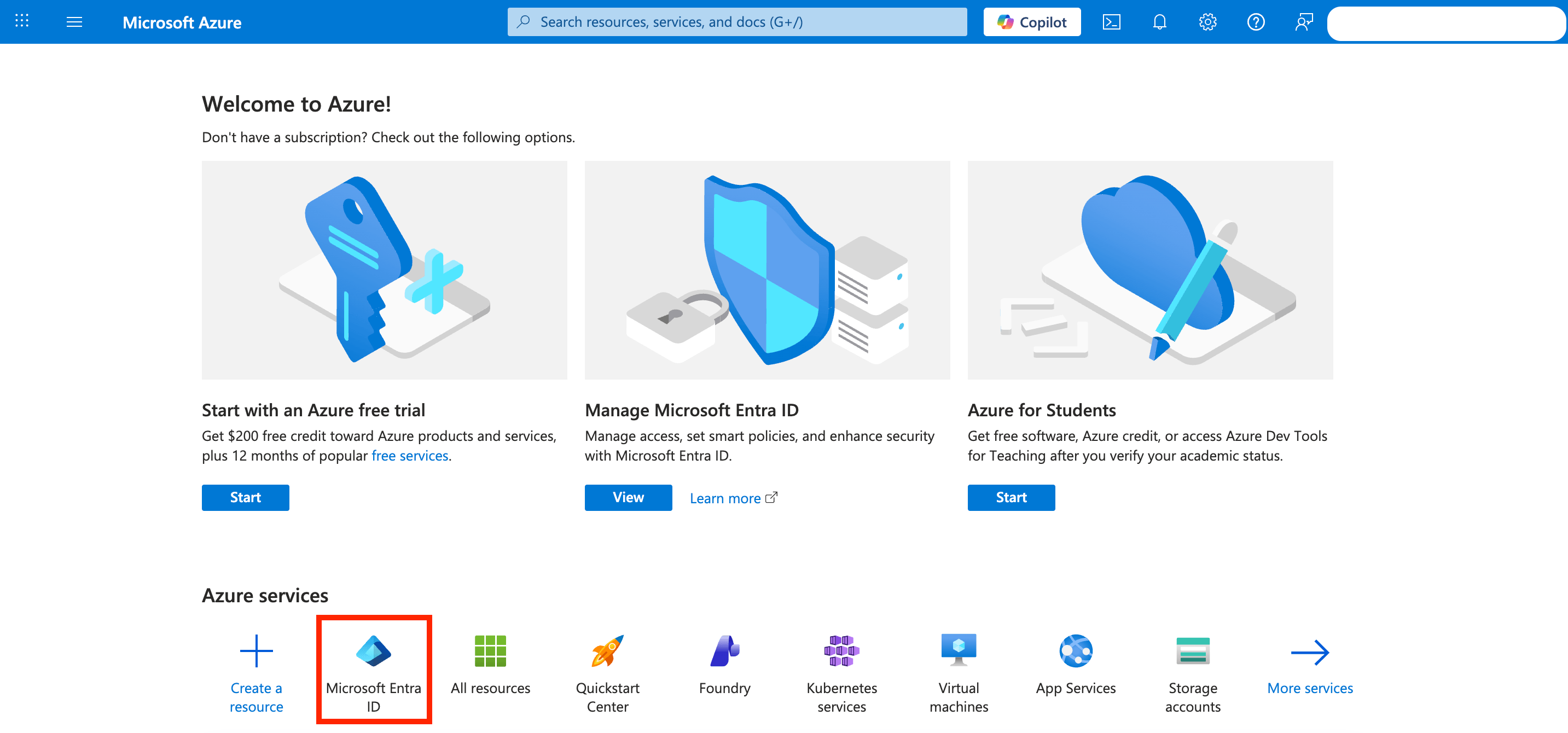 Selecting Microsoft Entra ID from the Azure services dashboard to begin setup