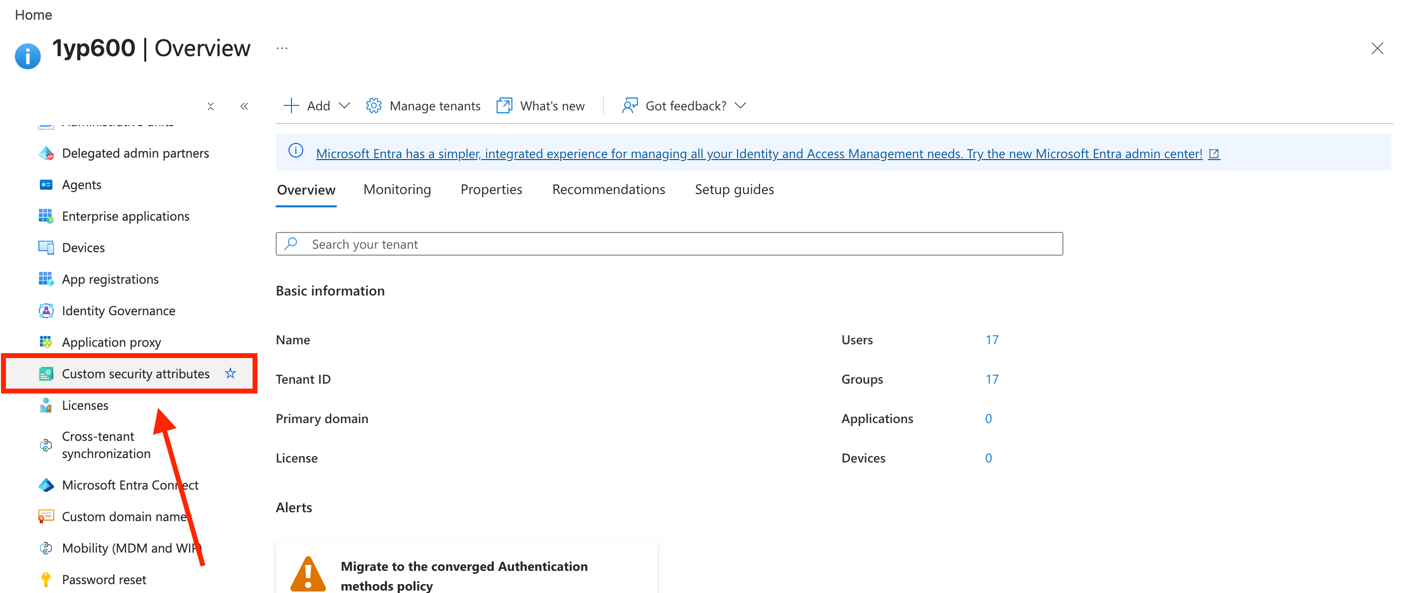Custom security attributes option highlighted in the Microsoft Entra ID navigation menu