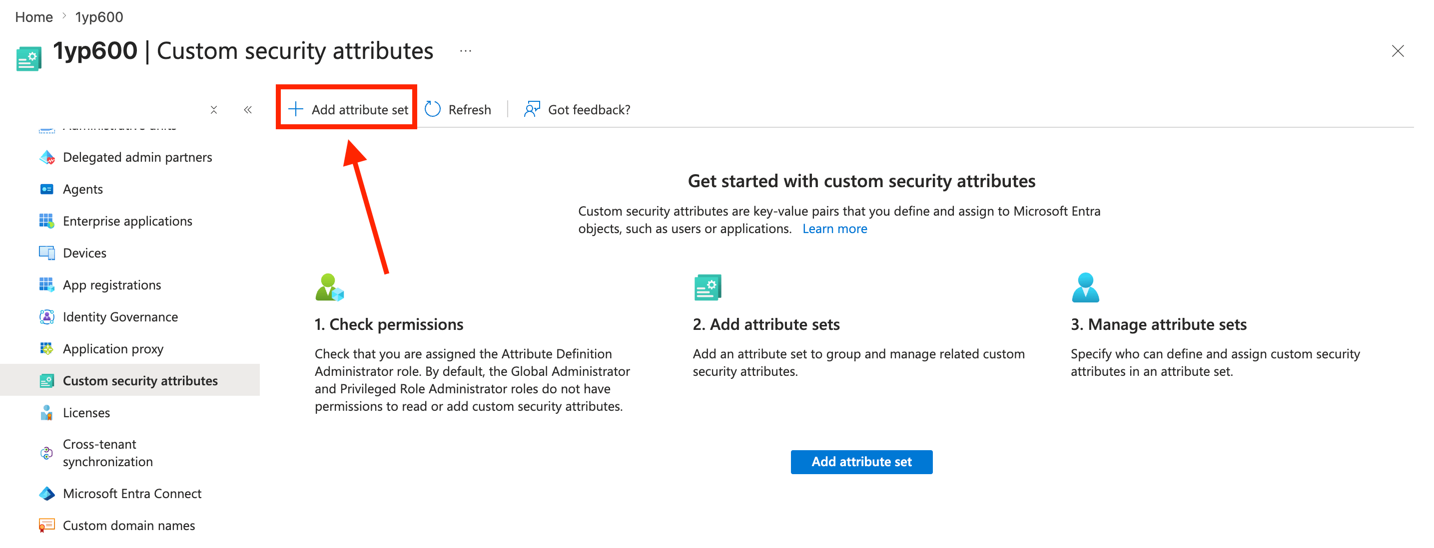 Clicking the Add attribute set button on the custom security attributes screen