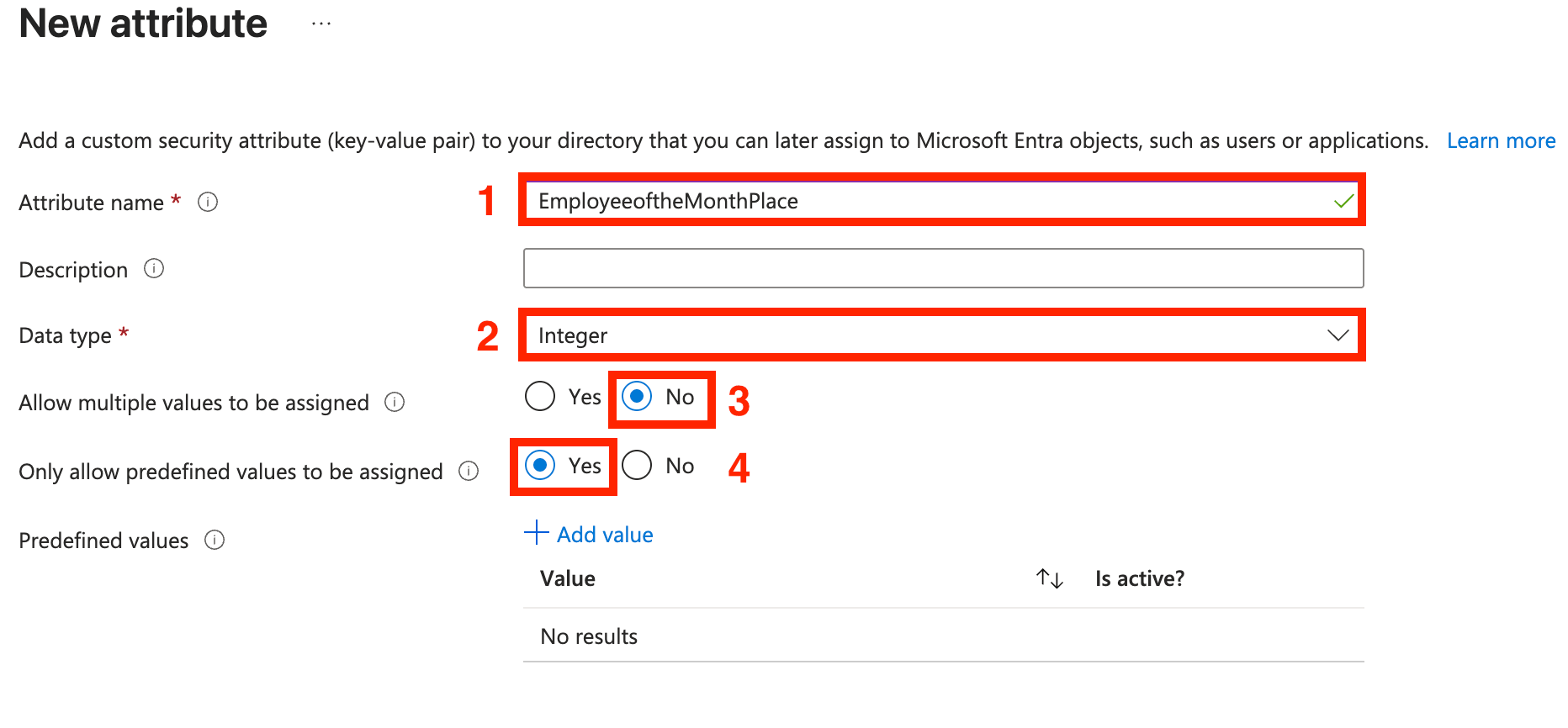 Setting the attribute name as EmployeeoftheMonthPlace with an integer data type