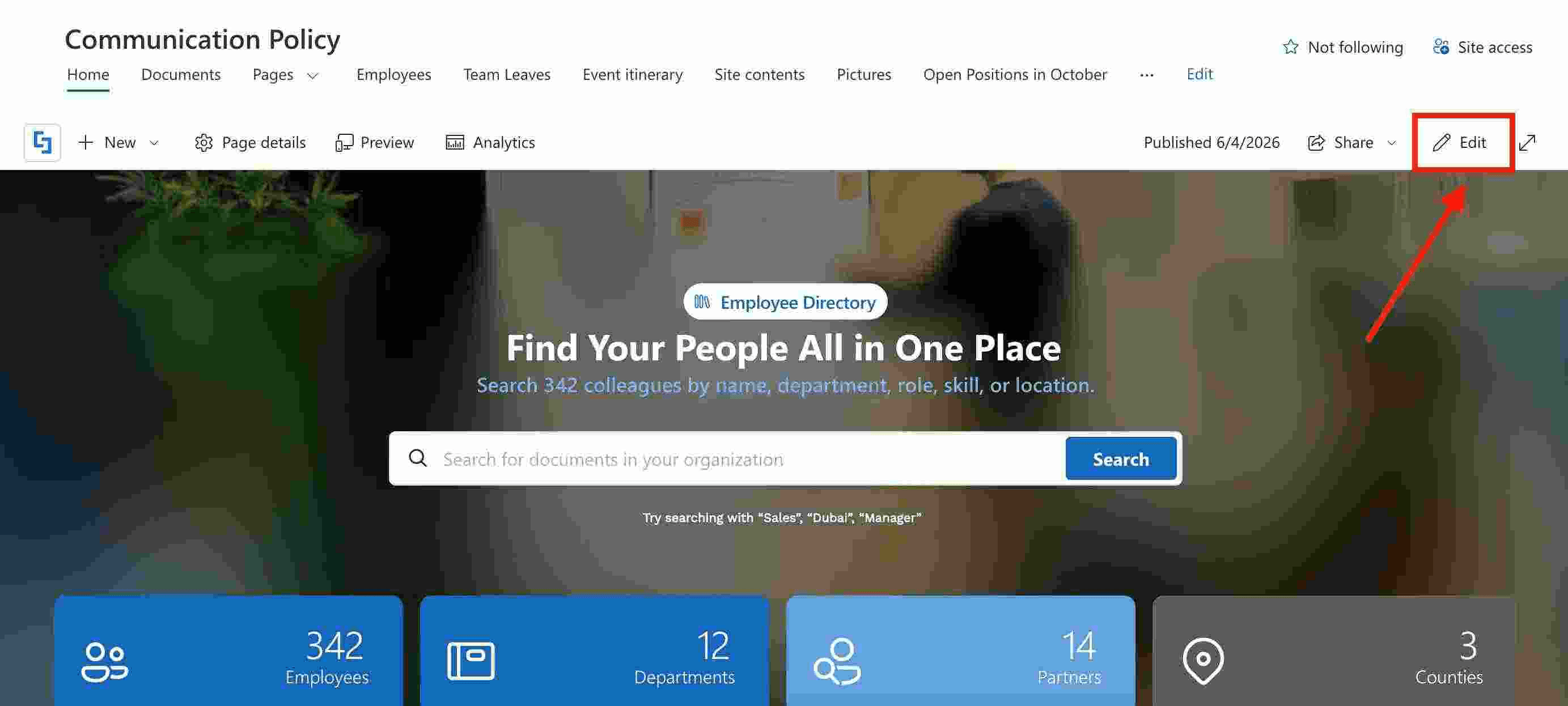 Clicking the Edit button on a modern SharePoint page
