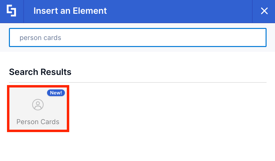 Searching for and selecting the Person Cards design element in the element menu
