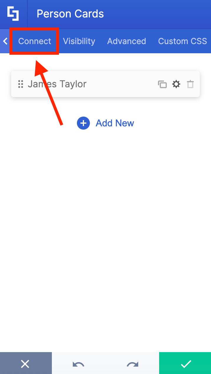 Accessing the Connect tab inside the ShortPoint Person Cards settings panel