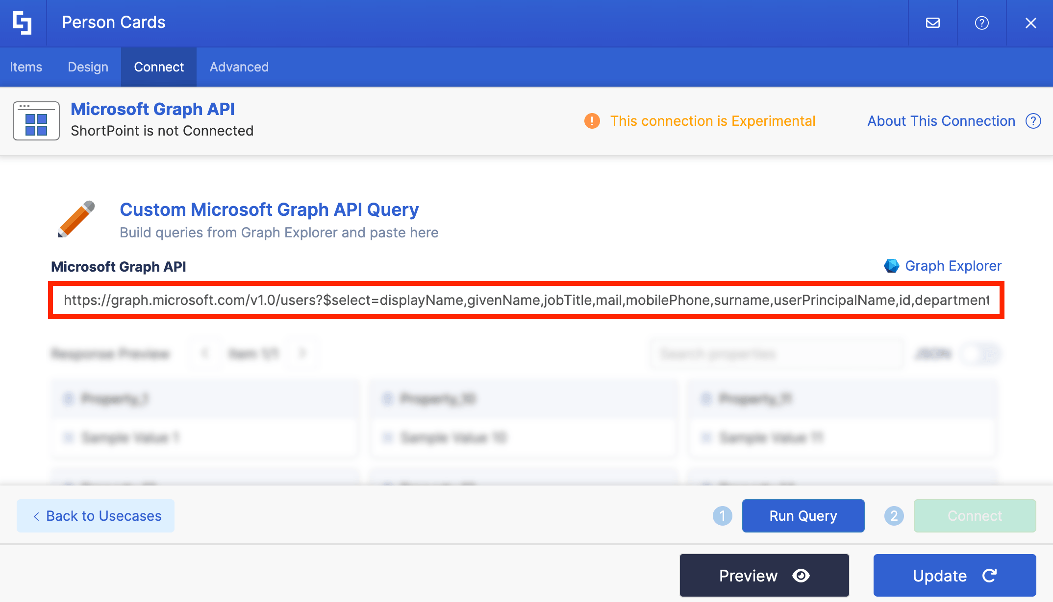 Pasting the custom string into the Microsoft Graph API request input