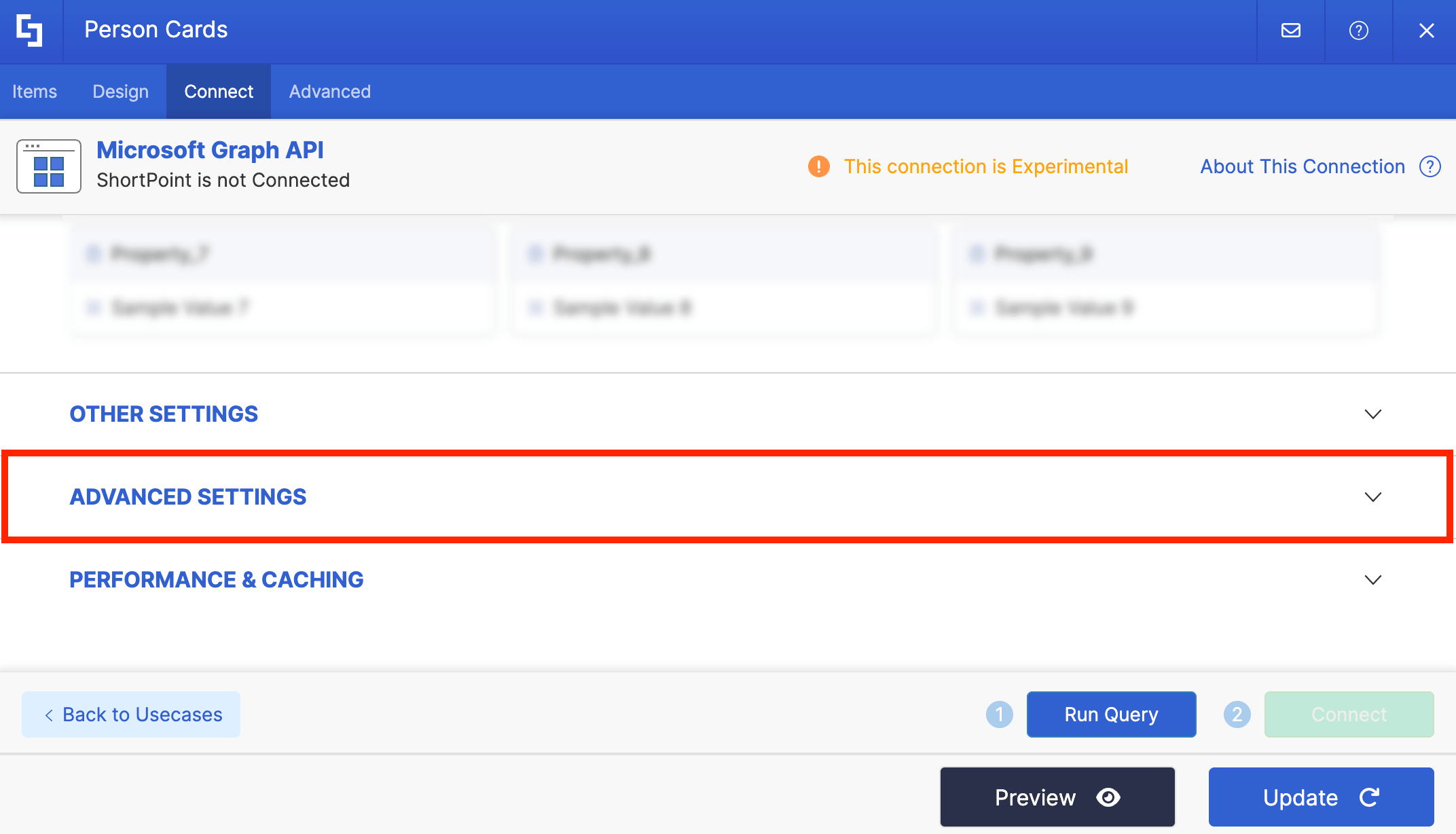 Expanding the Advanced Settings block within the connection interface