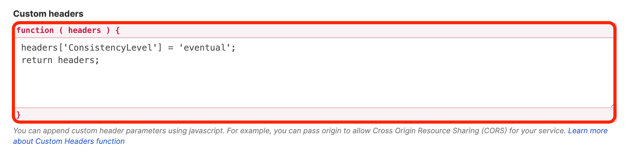 Pasting consistency level header properties into the Custom headers text field