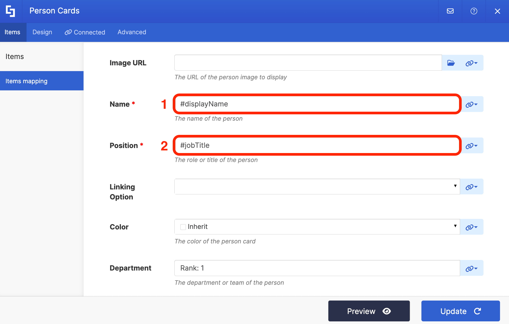Mapping the displayName and jobTitle properties inside the Person Cards input fields