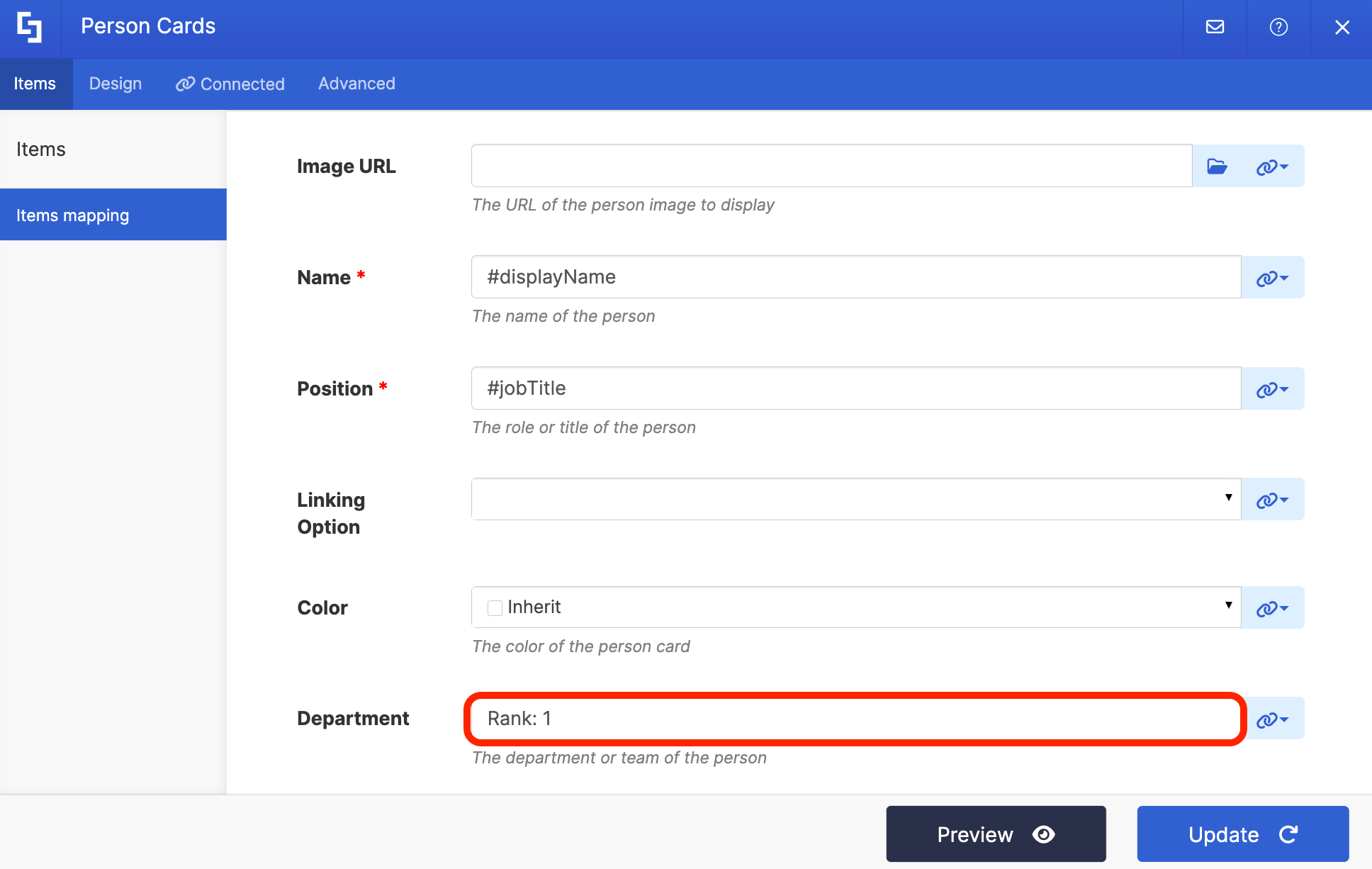 Adding the rank text string directly into the Person Cards Department property