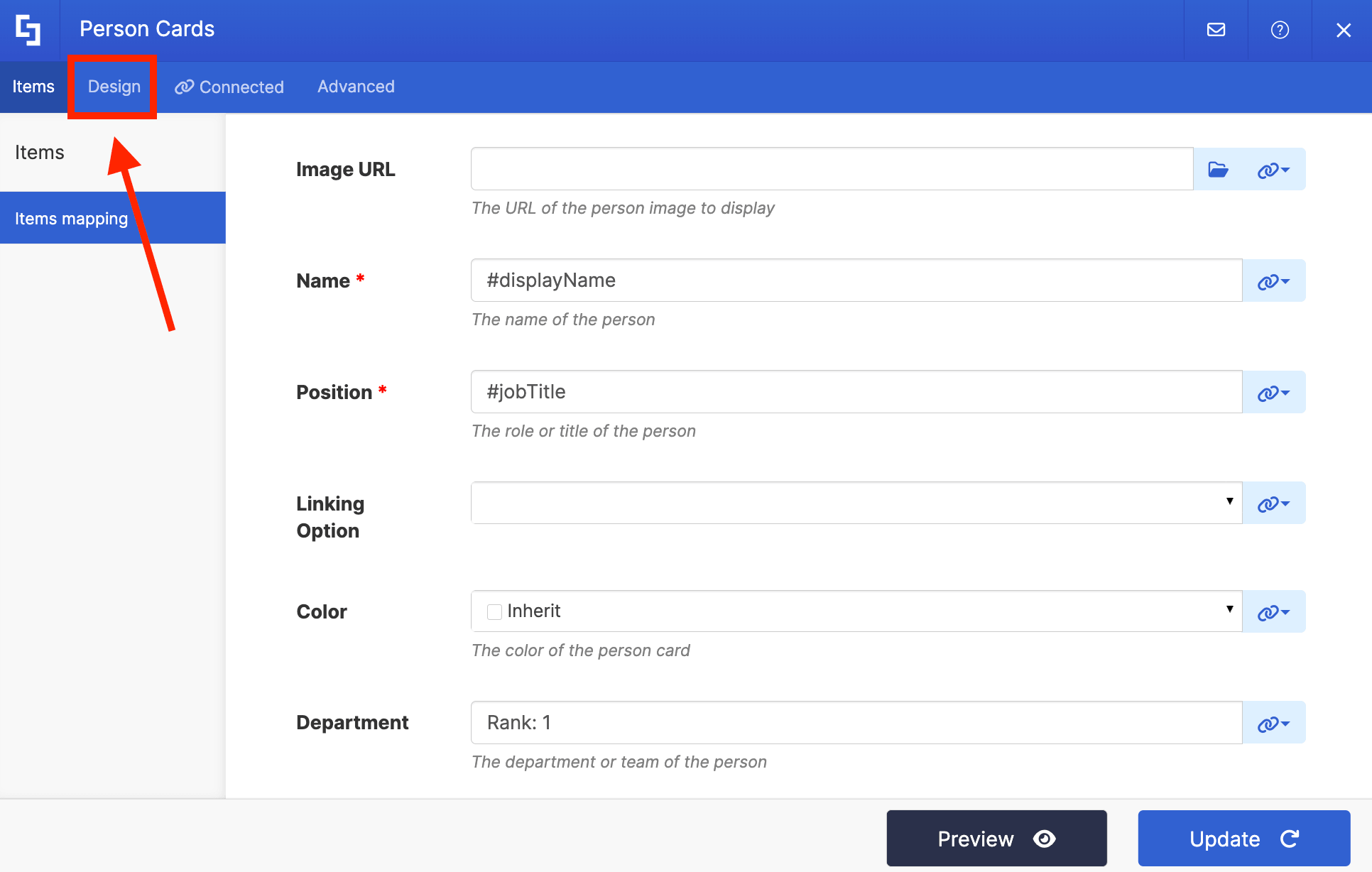 Navigating to the Design tab to customize the look of the Person Cards