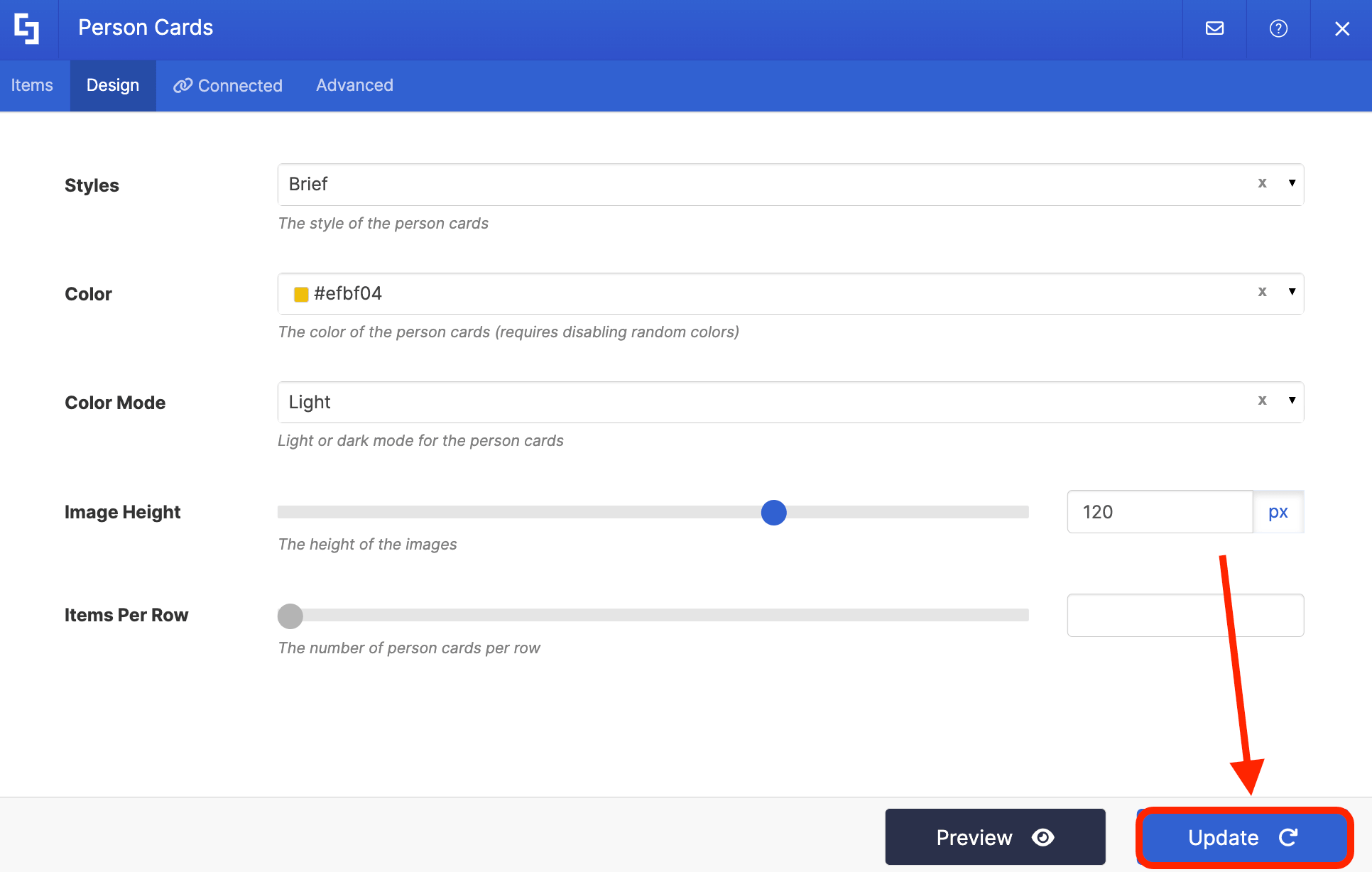 Clicking the Update button to save adjustments made to the ShortPoint element