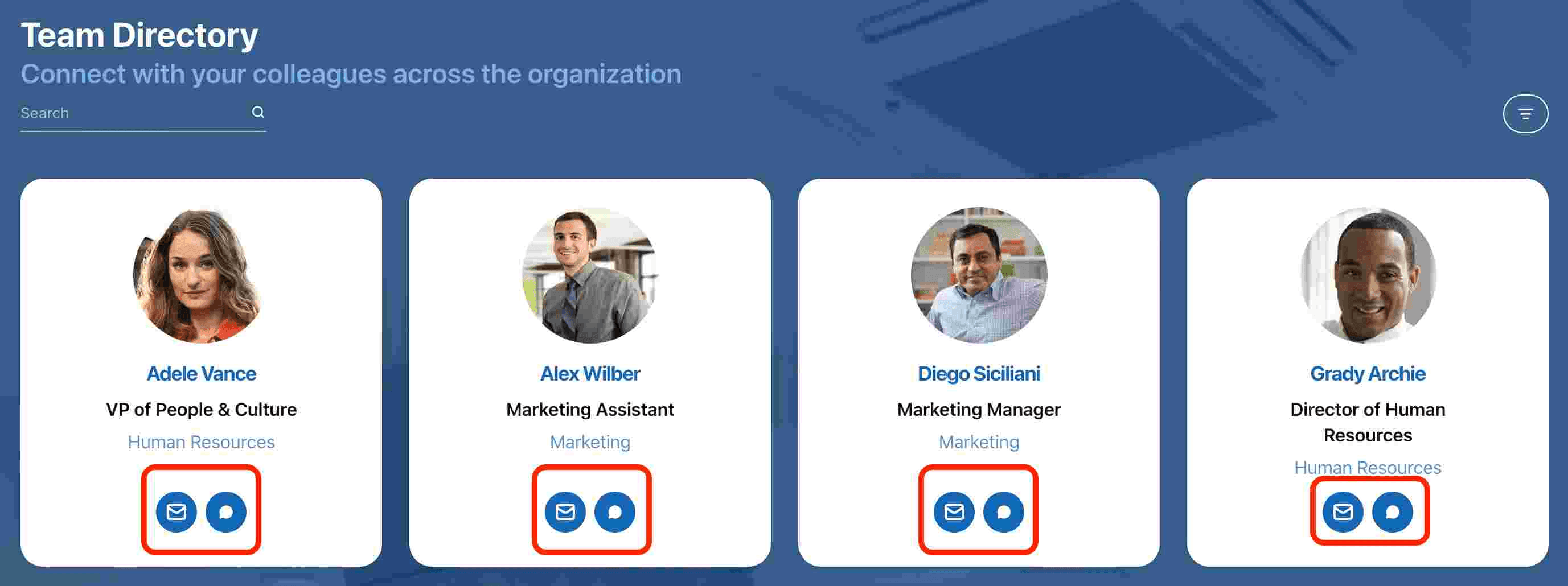 Profile email and chat shortcut icons displayed on employee directory person cards