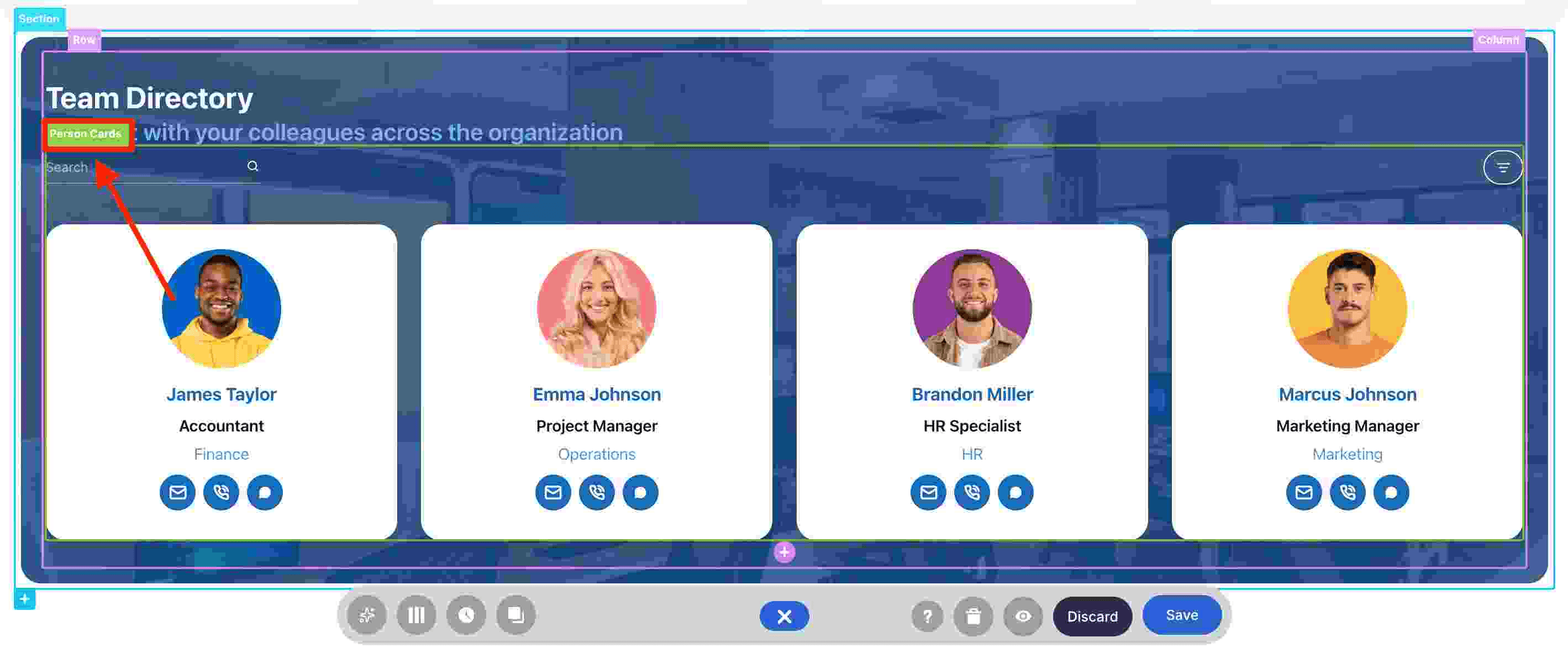 Selecting the green EasyPass tag to highlight the Person Cards design element