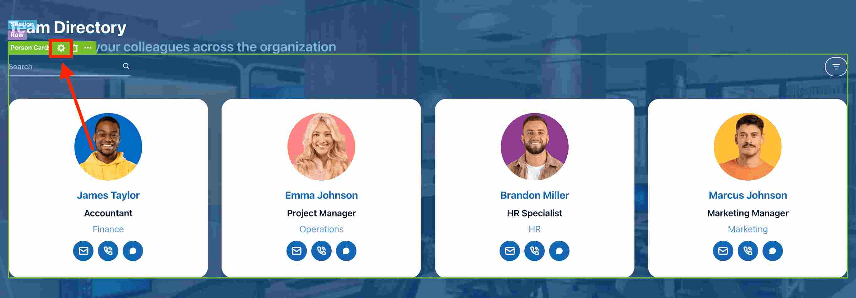 Clicking the cogwheel icon to configure the person cards