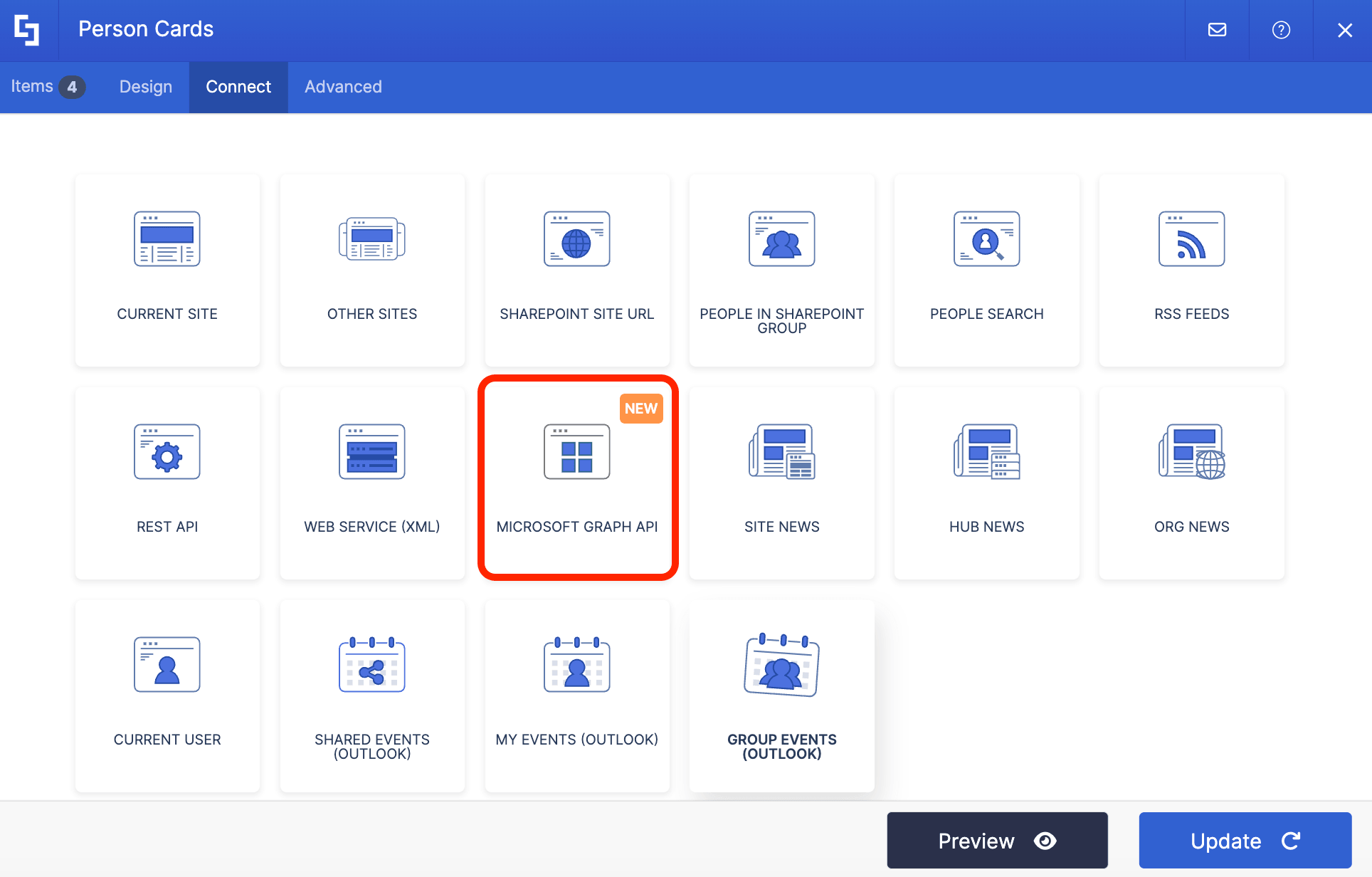 Selecting the Microsoft Graph API option from available connection types