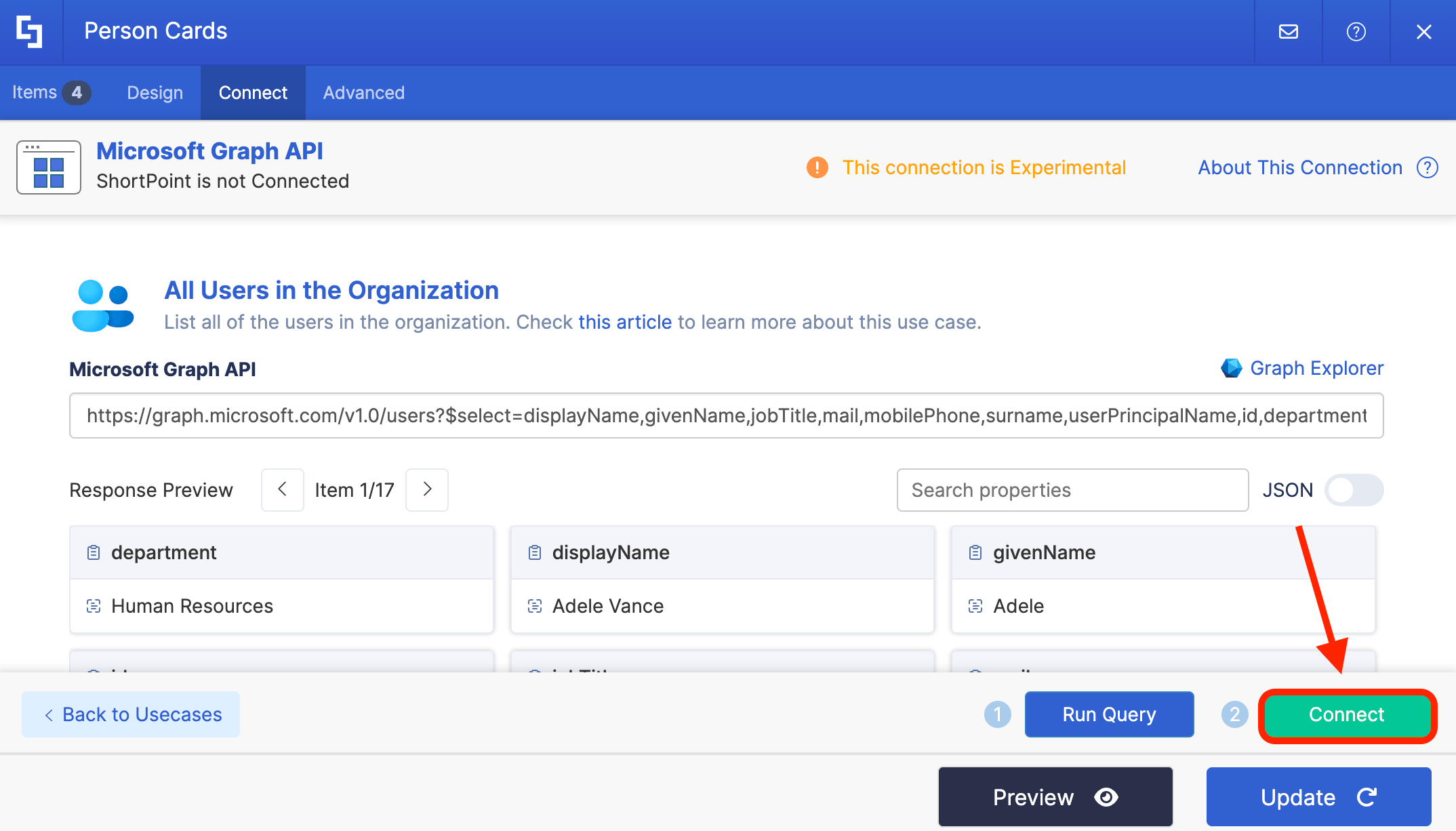 Clicking the green connect button to finalize the integration