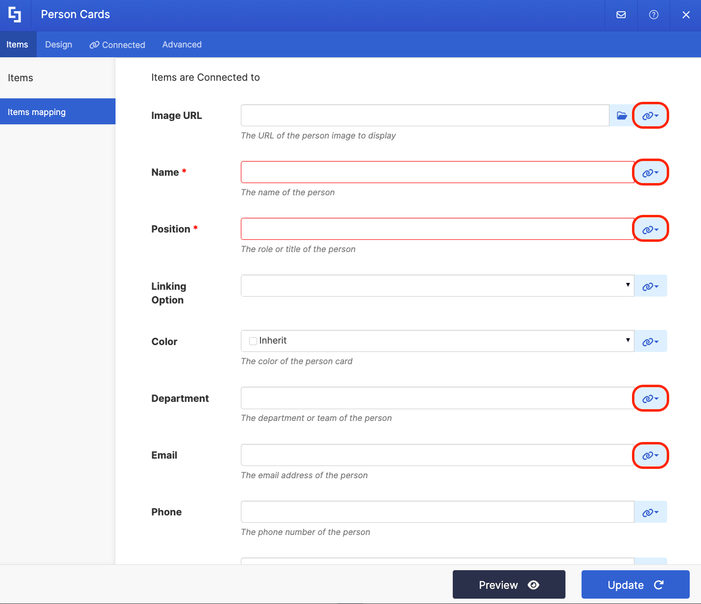 Using the link icon to see and select the mappable properties