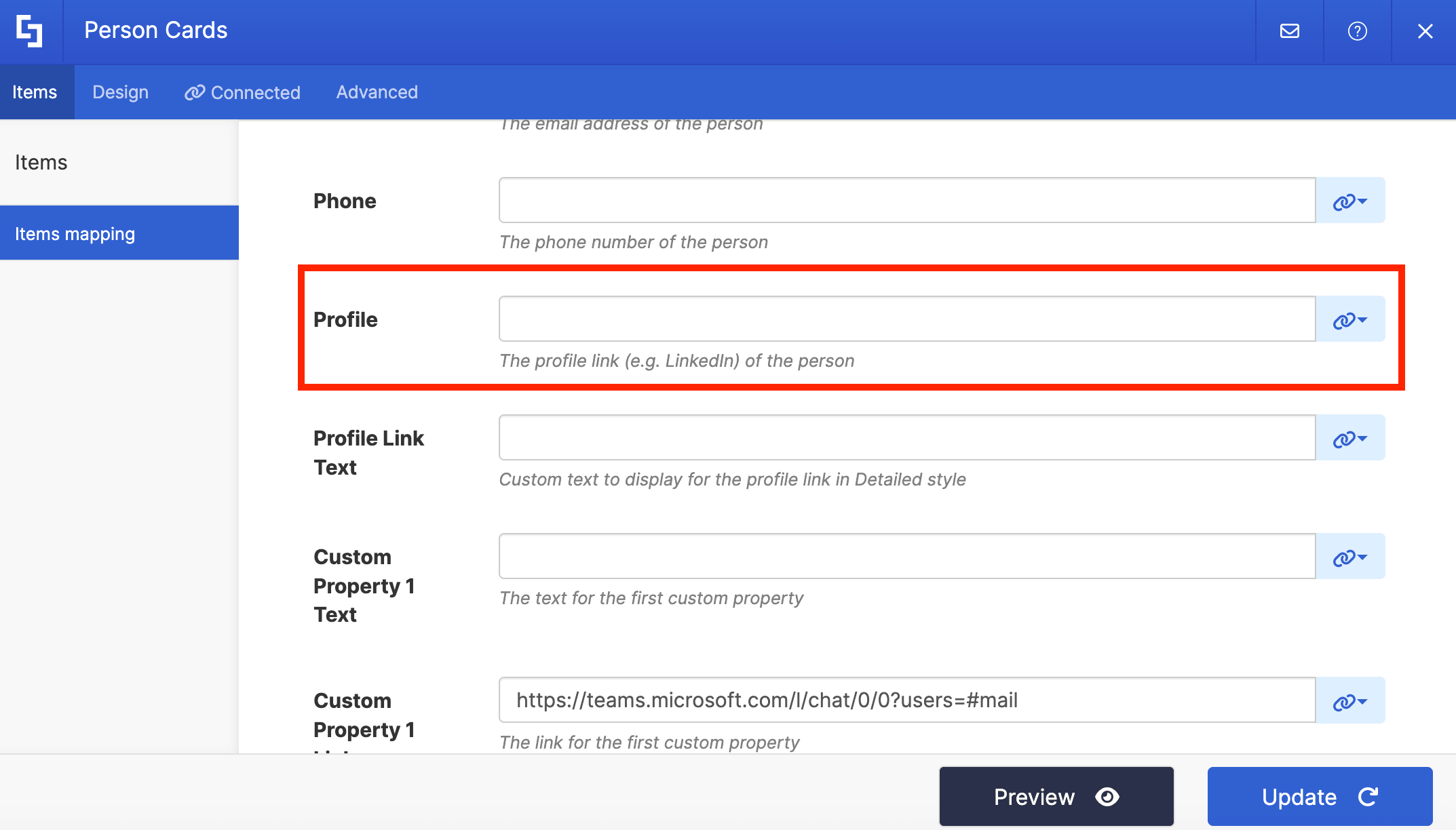 Inserting the copied link into the Property field