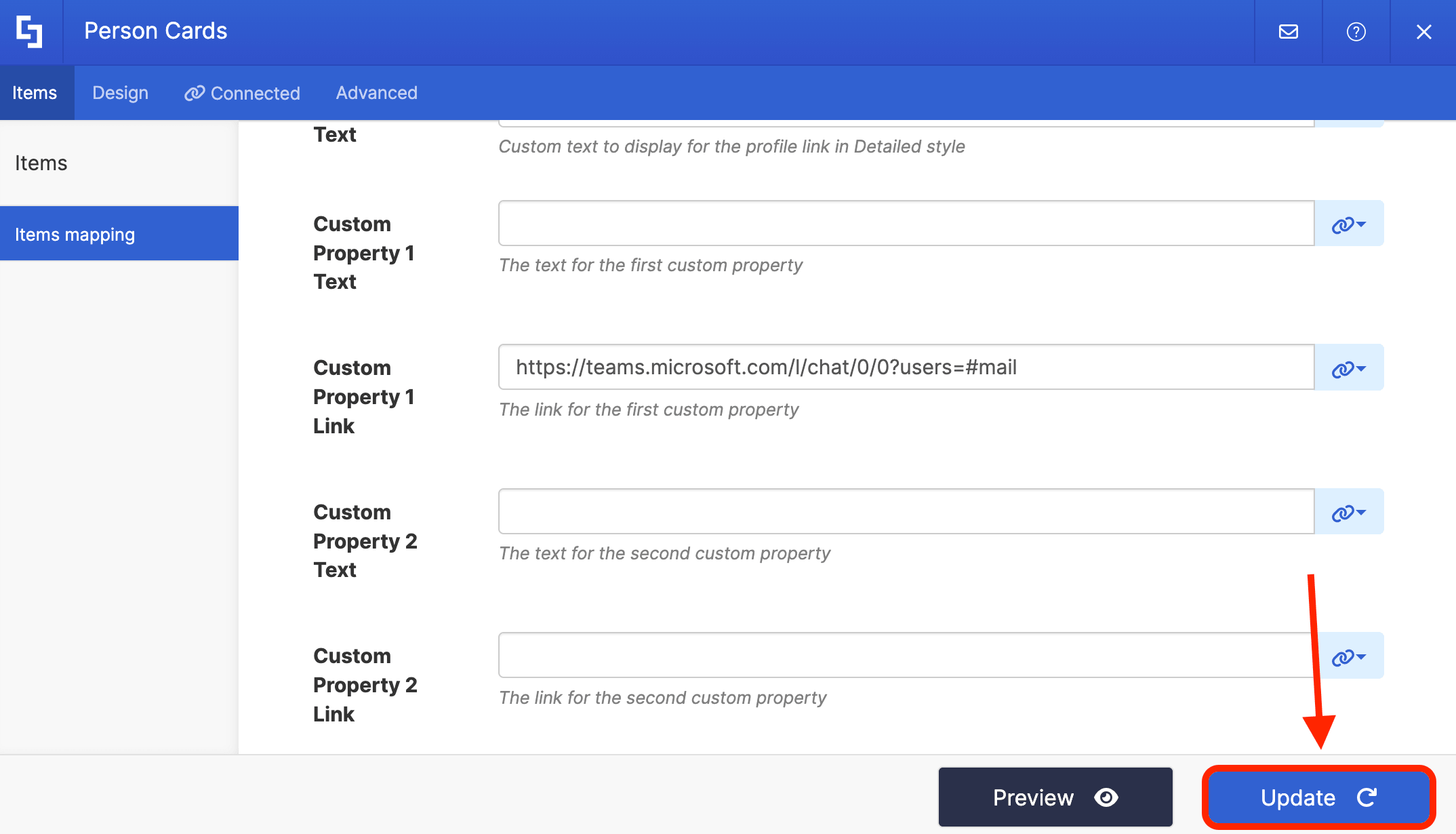 Clicking the update button to keep all design element changes