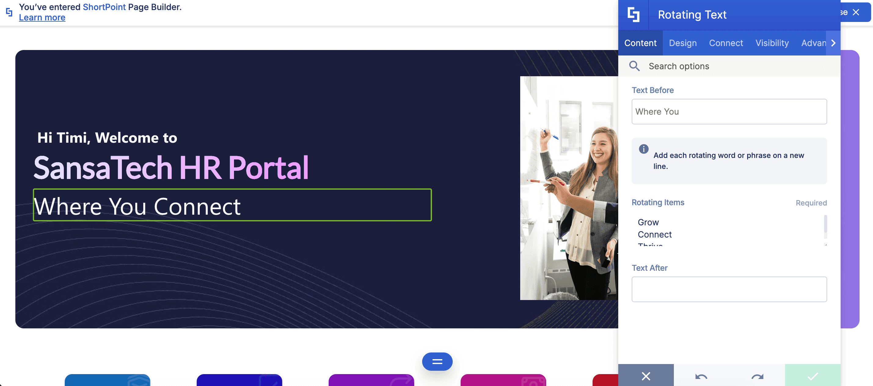 Customizing text before and after the spinning items in SharePoint Page Builder