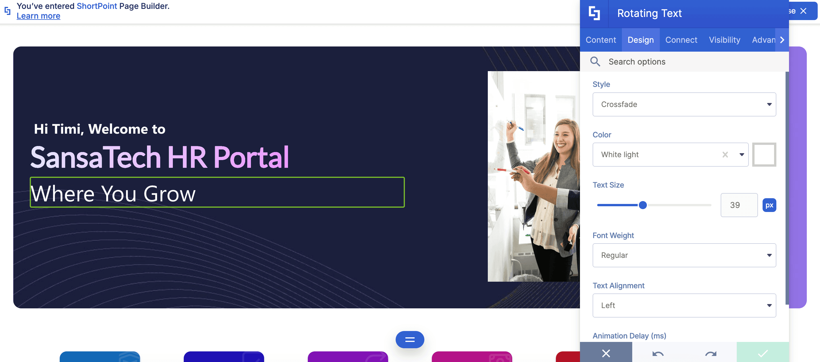 Adjusting the style, color, and size options for the text animation effect