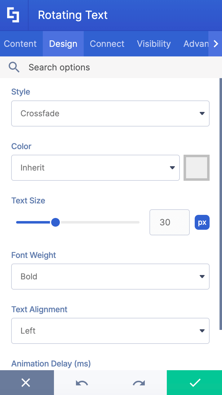 View of customization controls inside the rotating text design tab