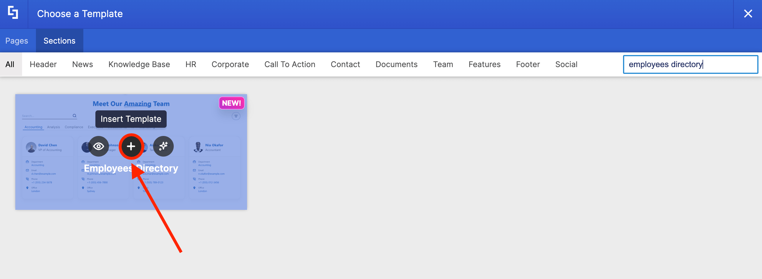 Searching for and selecting the template to build a sharepoint employee directory