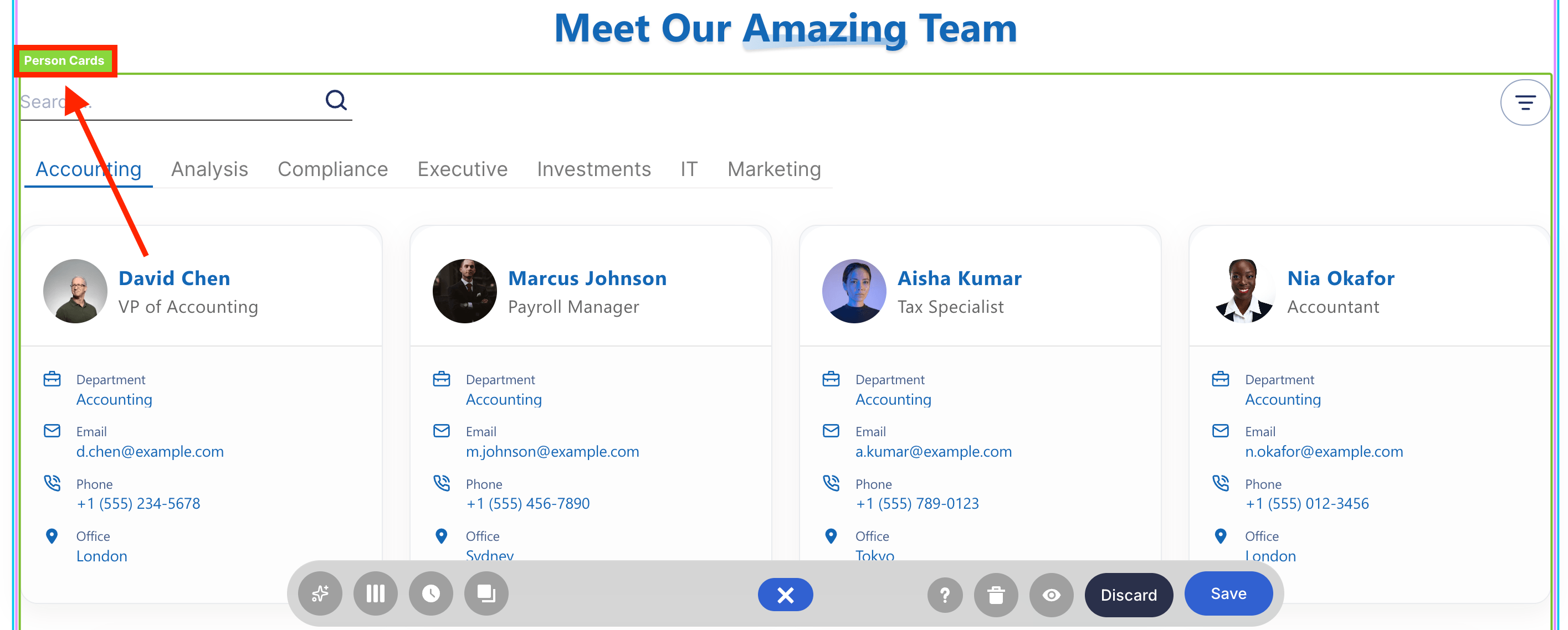 Selecting the Person Cards EasyPass tag in the page builder layout
