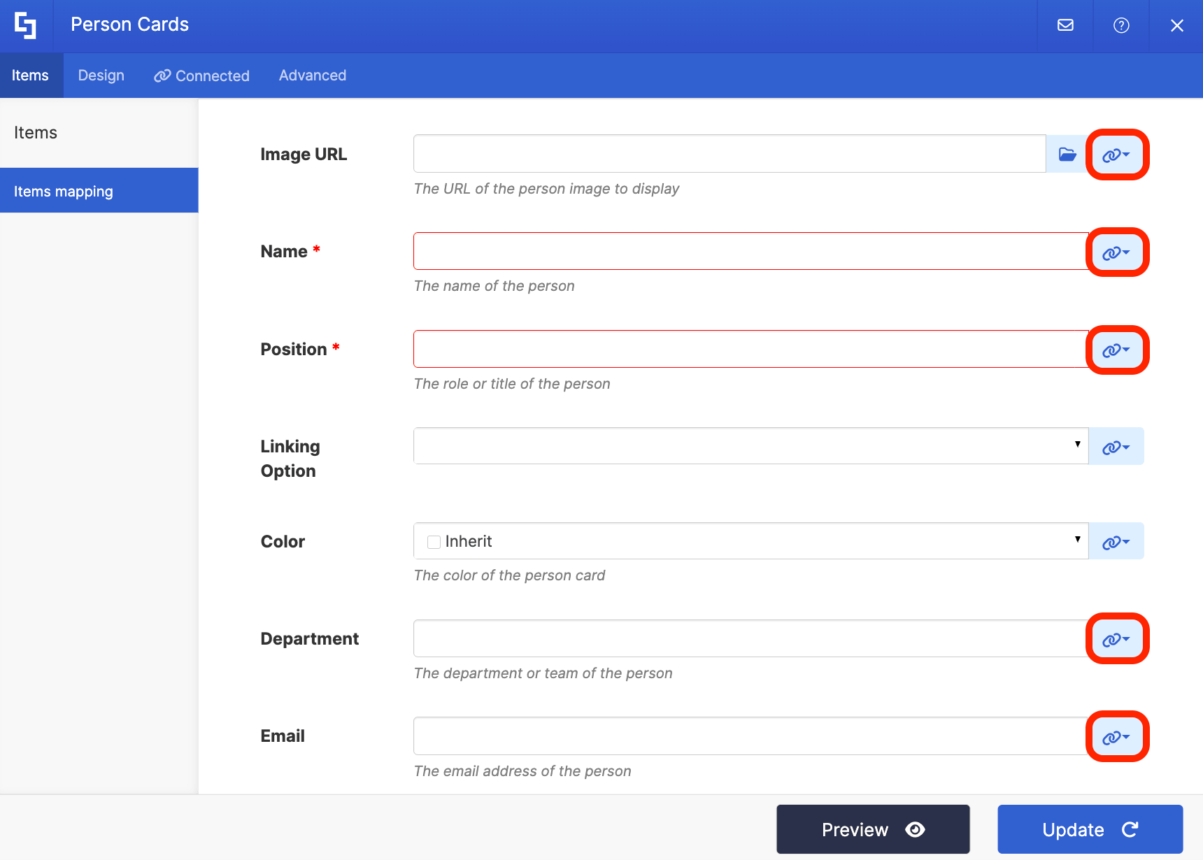 Mapping information fields using the link icon for a SharePoint employee directory