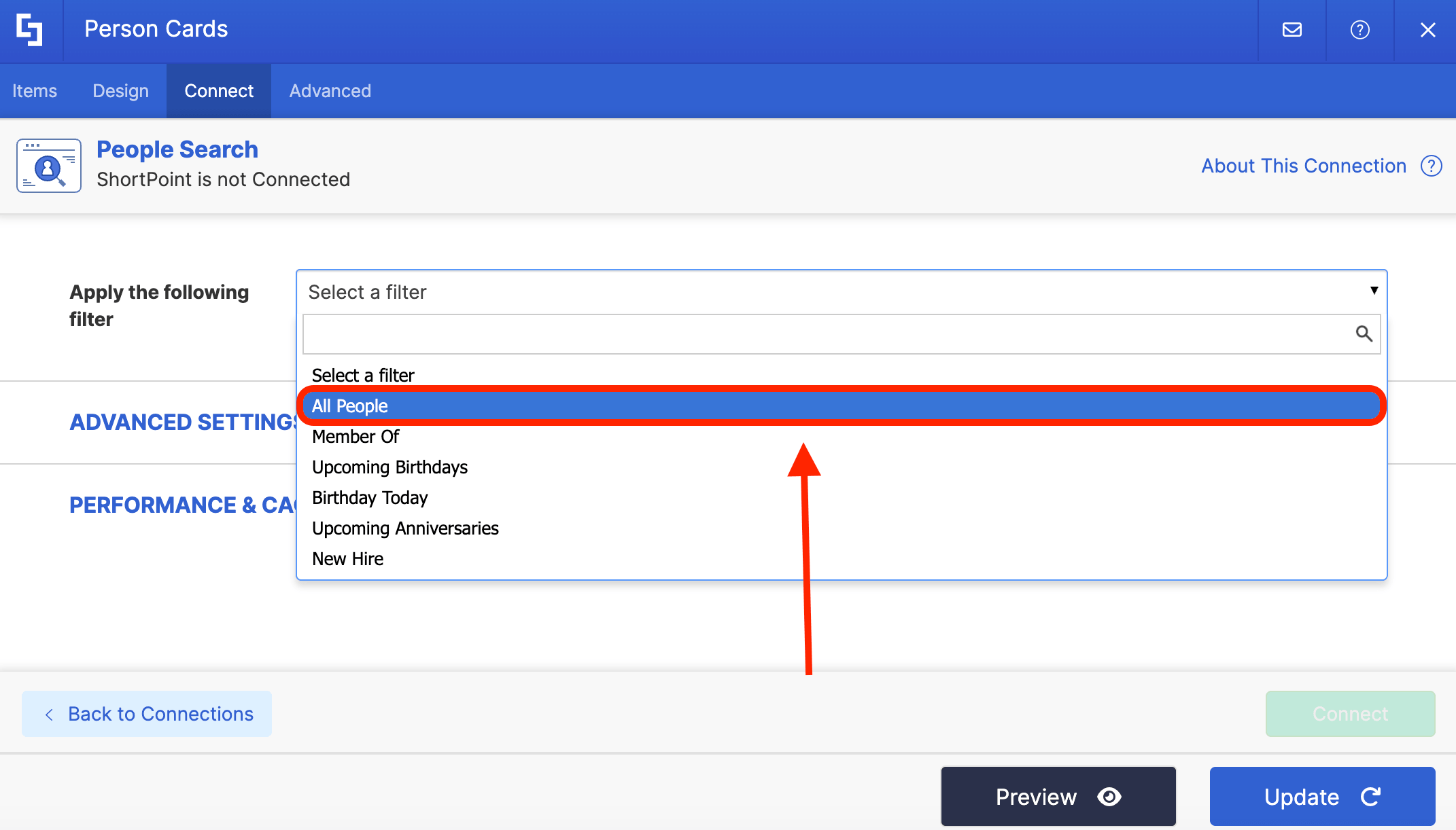 Selecting the All People filter from the search criteria dropdown menu