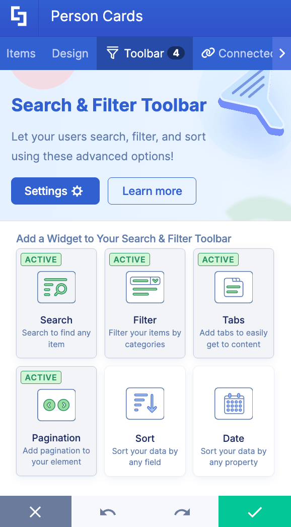 Modifying widgets on the Search and Filter Toolbar settings menu panel
