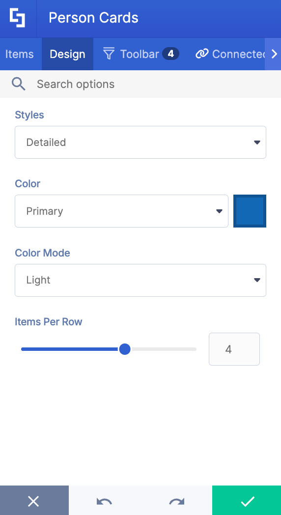 Adjusting card styles and columns per row in the Design tab