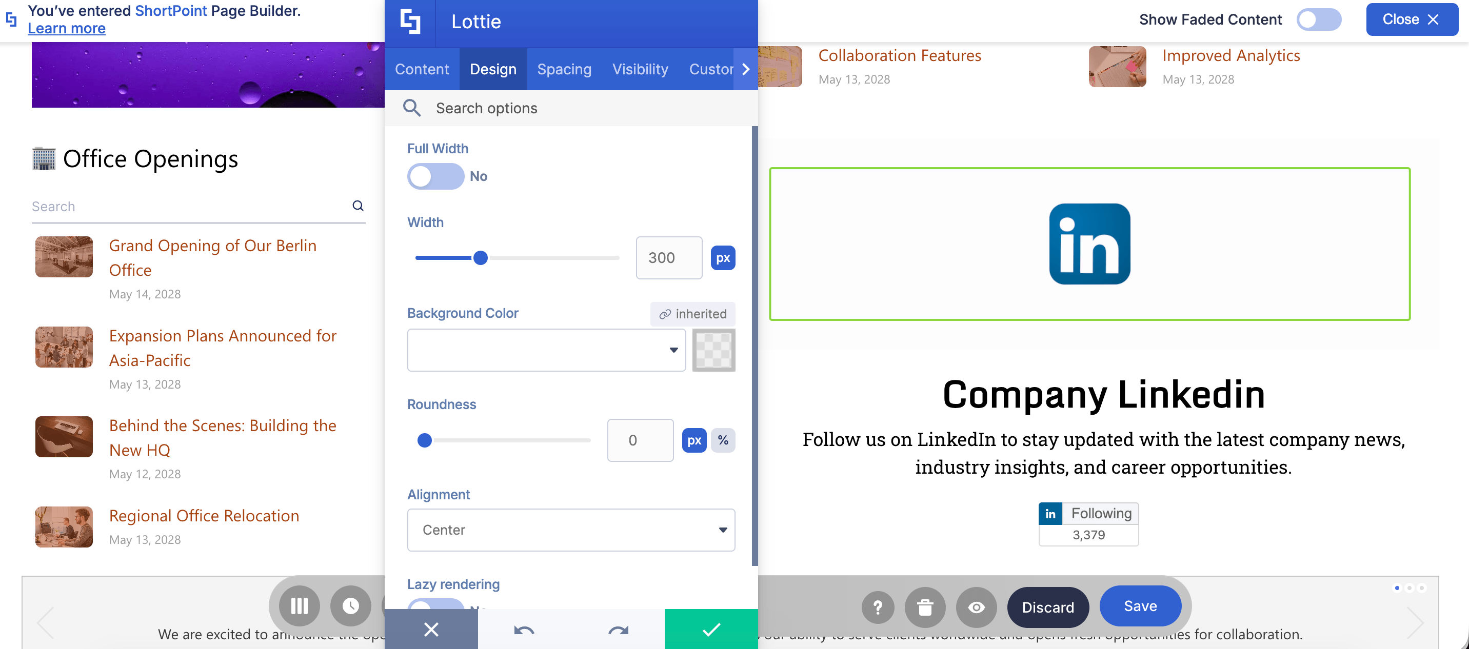 Configuring background color and alignment inside the Lottie element design tab dashboard