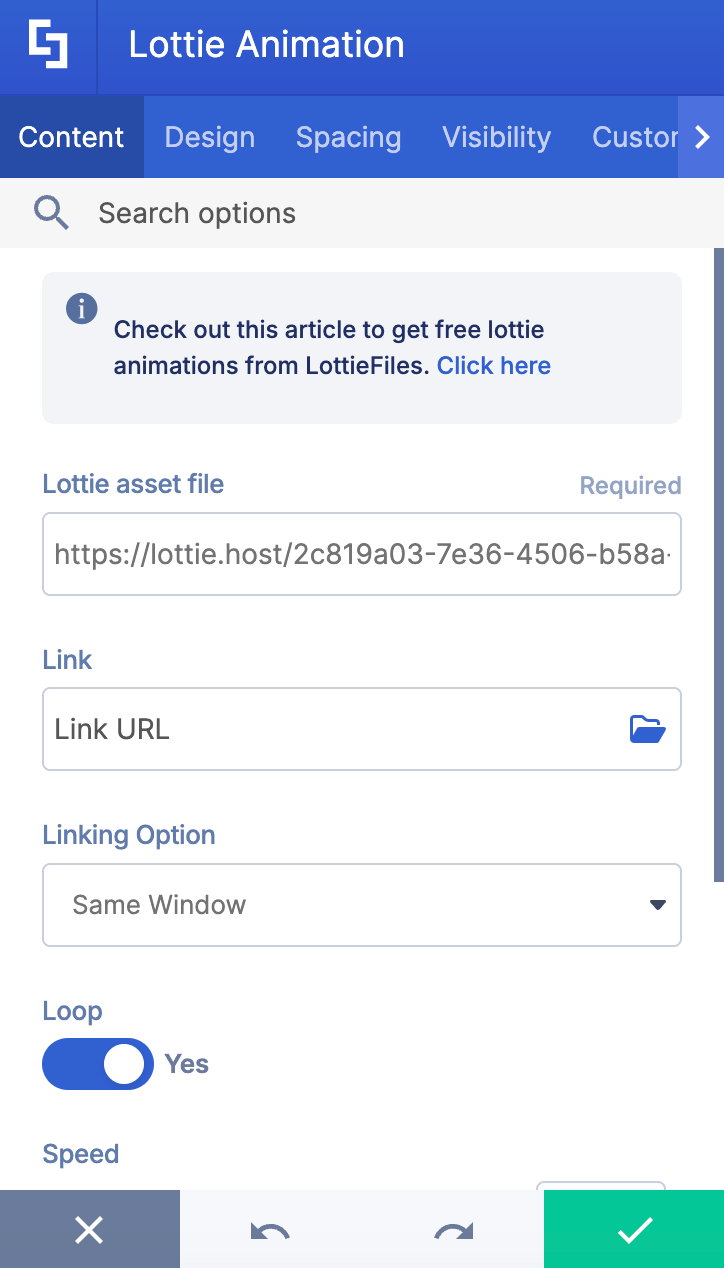 Overview of available options inside the Content tab