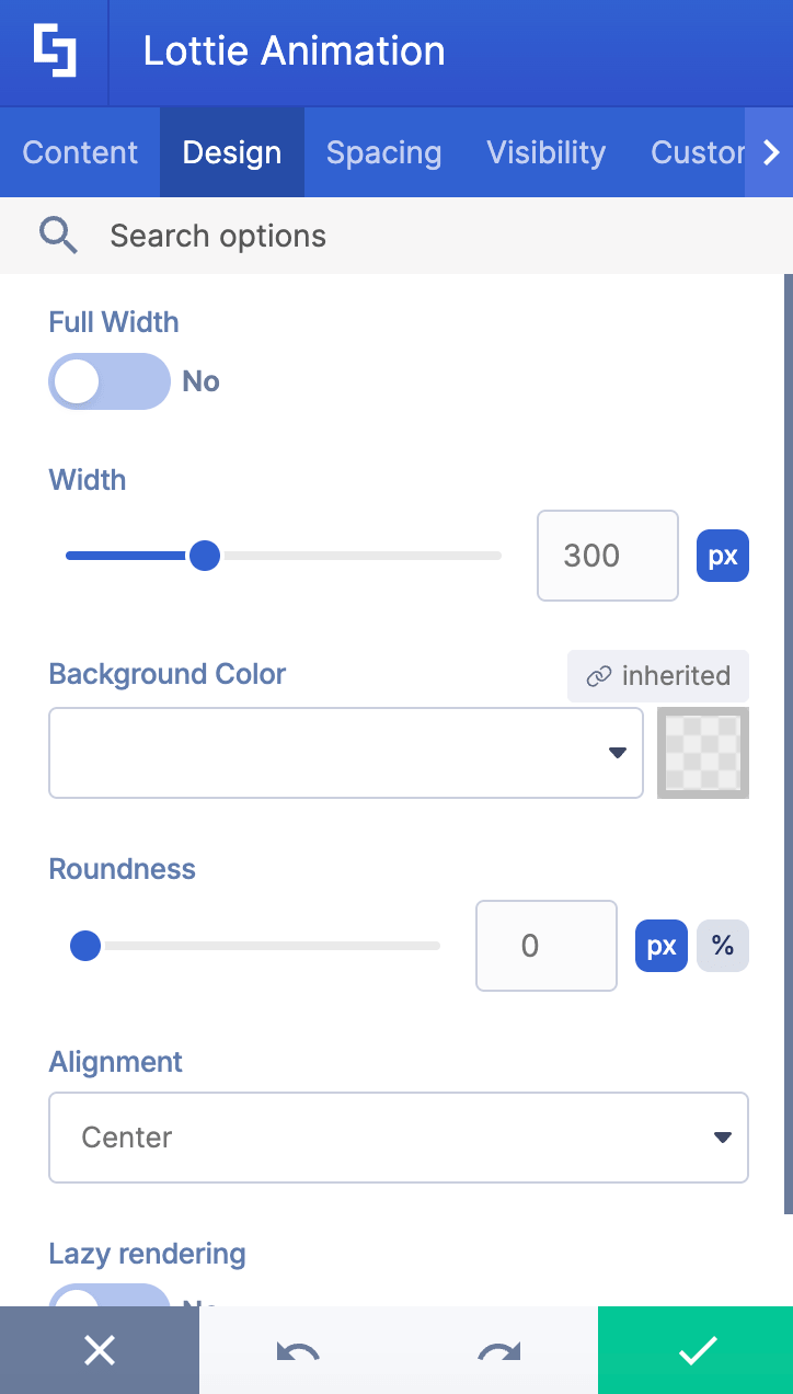 Reviewing customization settings inside the lottie design tab