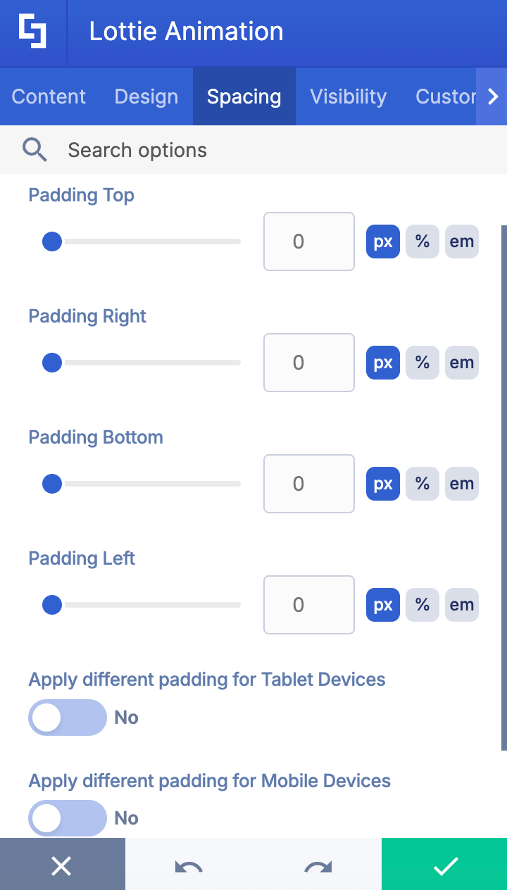 Viewing custom tablet values, mobile margins, and master layout controls inside the Spacing tab