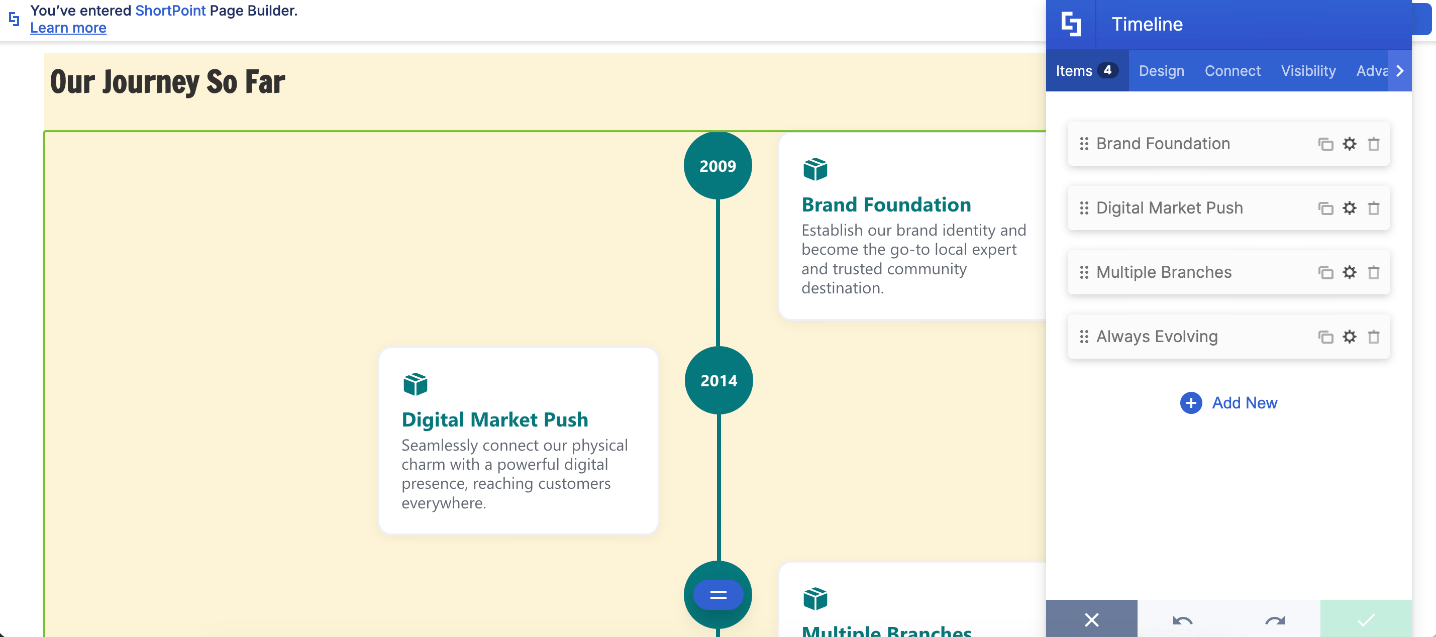 Overview of the ShortPoint Page Builder interface showing a timeline layout with its configuration sidebar