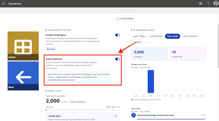 Viewing the Data Collection option inside the Admin page